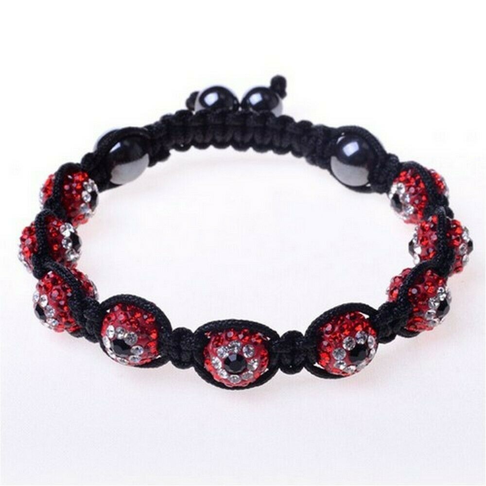 

Red White Crystal Ball Black Cord Evil Eye Adjustable Macrame Unisex Bracelet