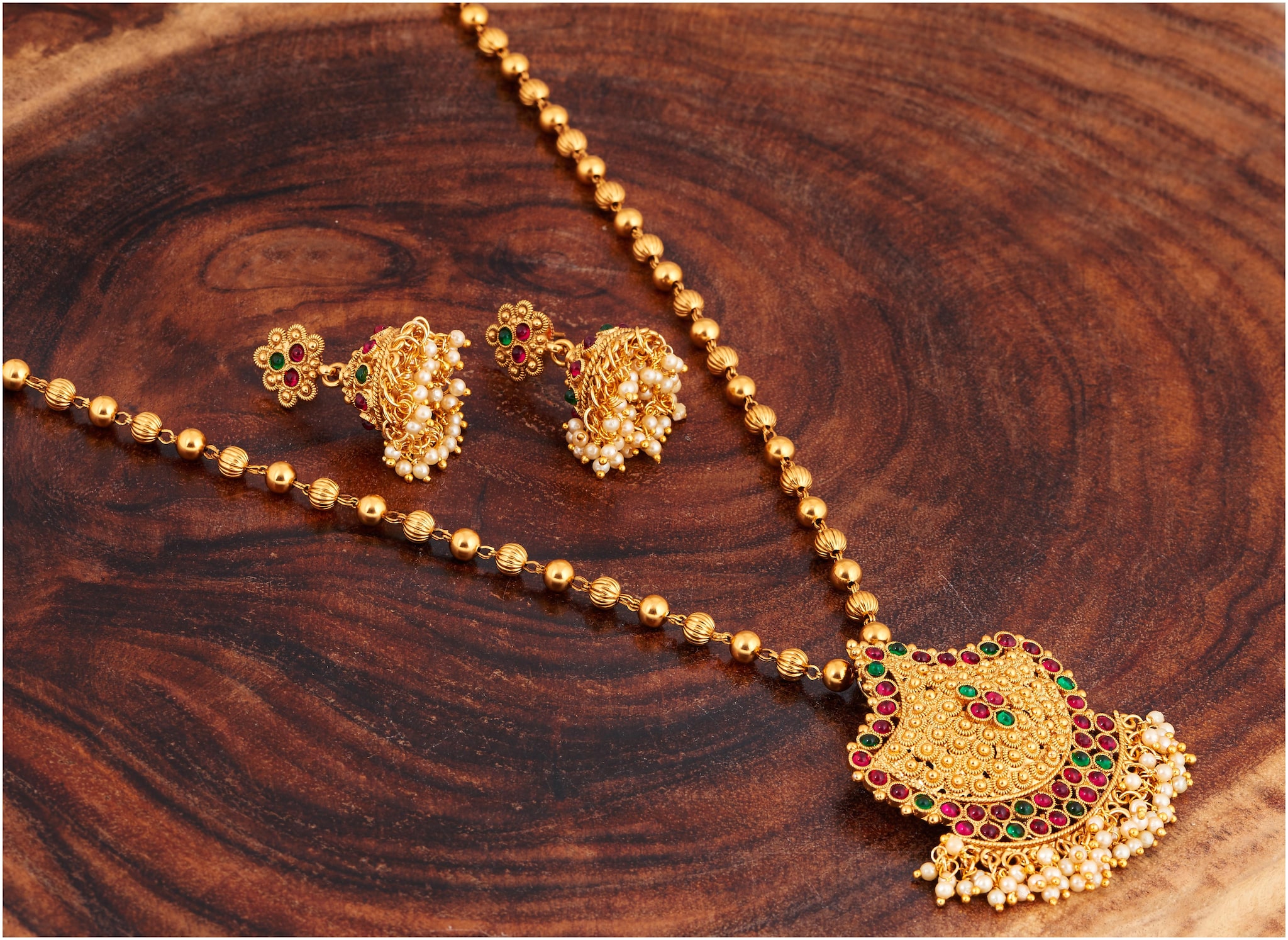

RG Copper Red Green Necklace Jhumki Earrings Jewellery for Women