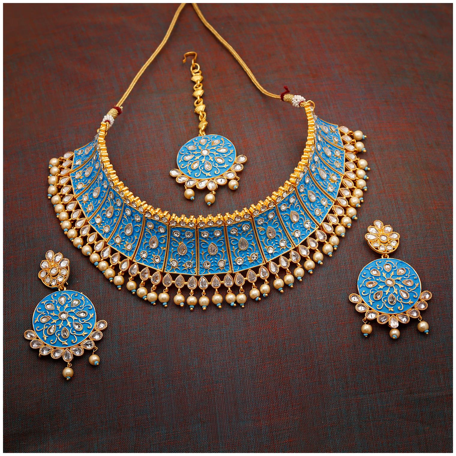 

RG FASHIONS Mint Meena Firozi Blue Semi Bridal Wedding Choker Necklace Jewellery Set For Women