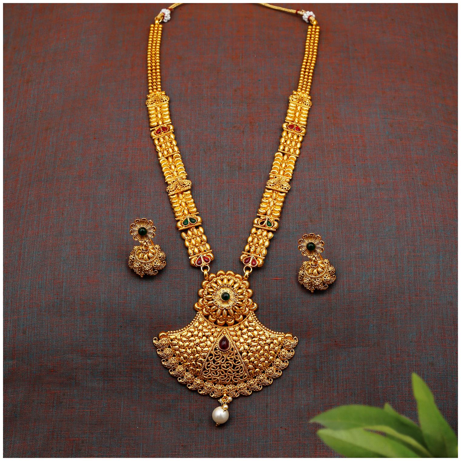 

RG FASHIONS Traditional Long Haram Copper Mala Gold Plated Imitation Necklace Jhumki Earring Jewellery Set For Women
