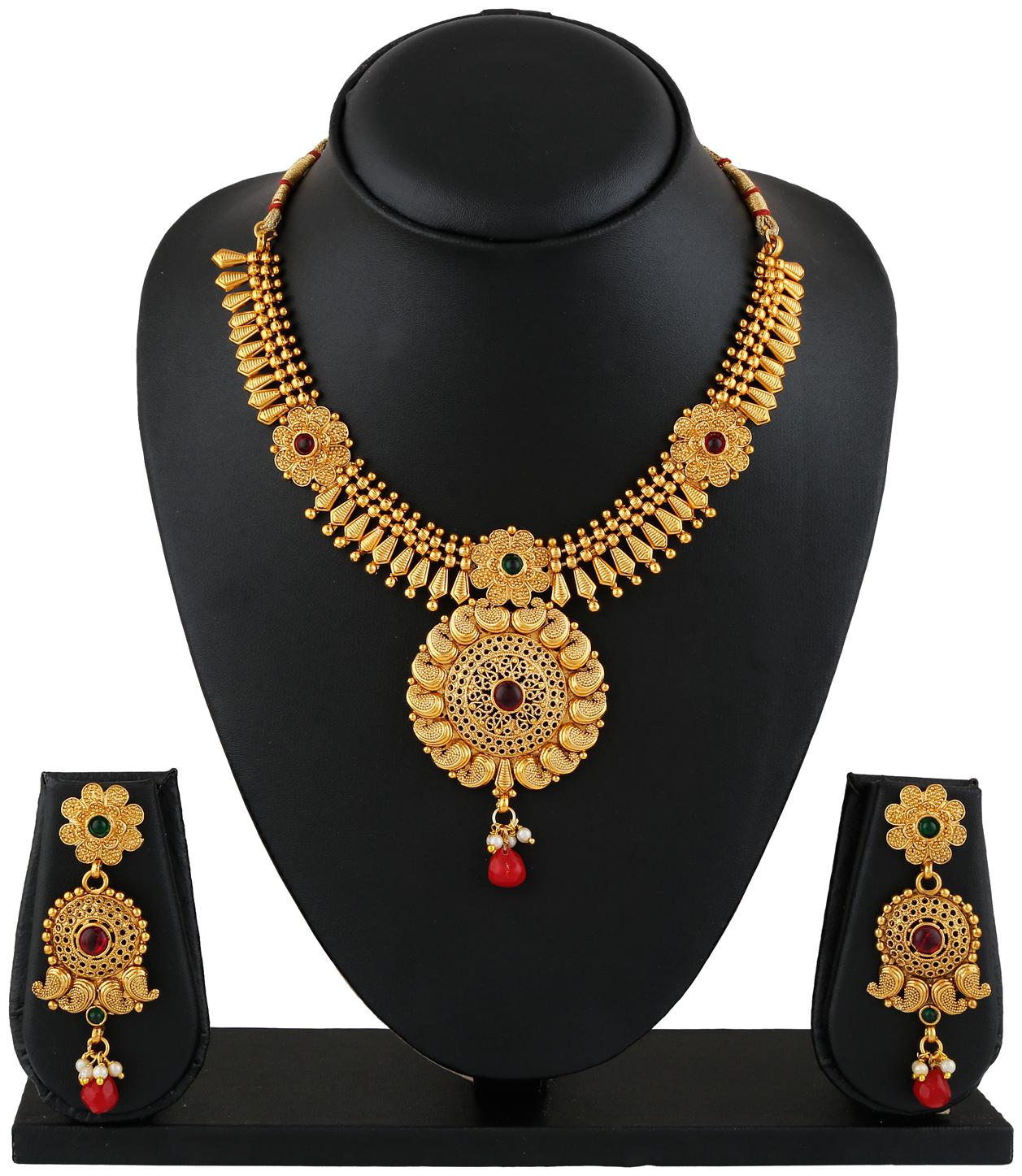

RG FASHIONS Copper Traditional South Indian Gold Plated Necklace Earring Jewellery Set For Women
