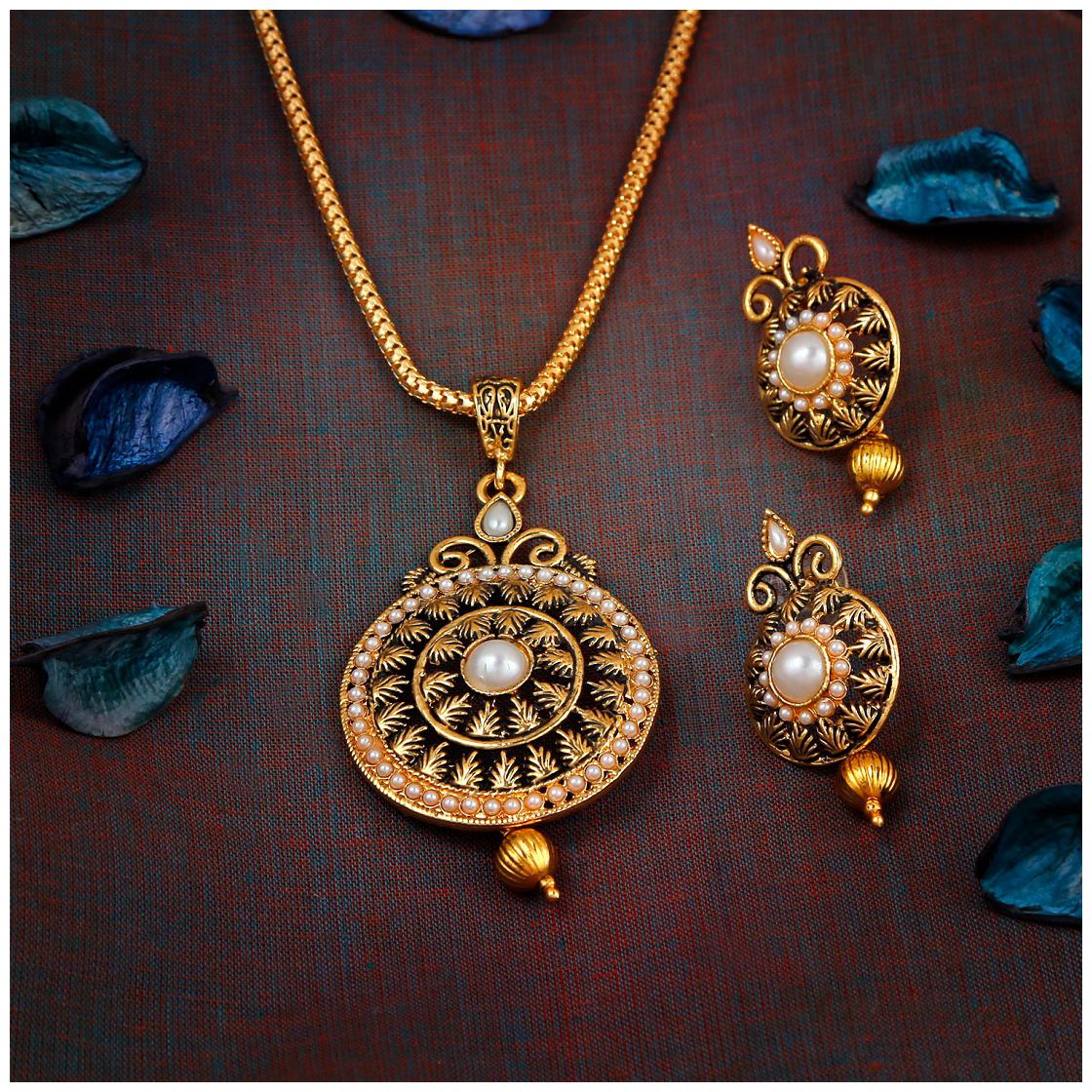 

RG FASHIONS Meenakari Pendant Chain Earring Pearl Necklace Set For Girls Women