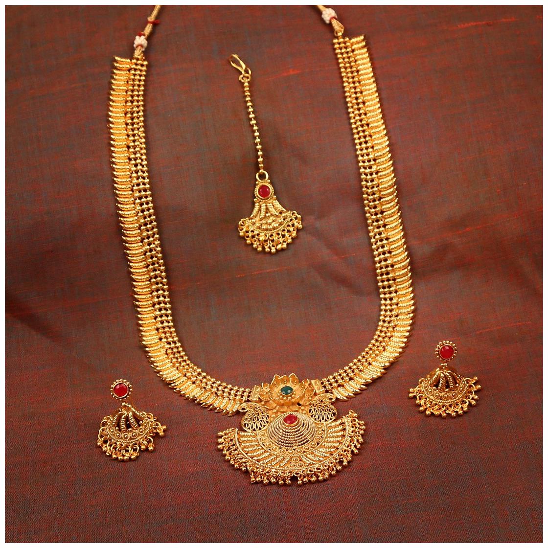 

RG FASHIONS Traditional Copper South Indian Long Haram Mala Necklace Earring Maang Tikka Jewellery Set For Women