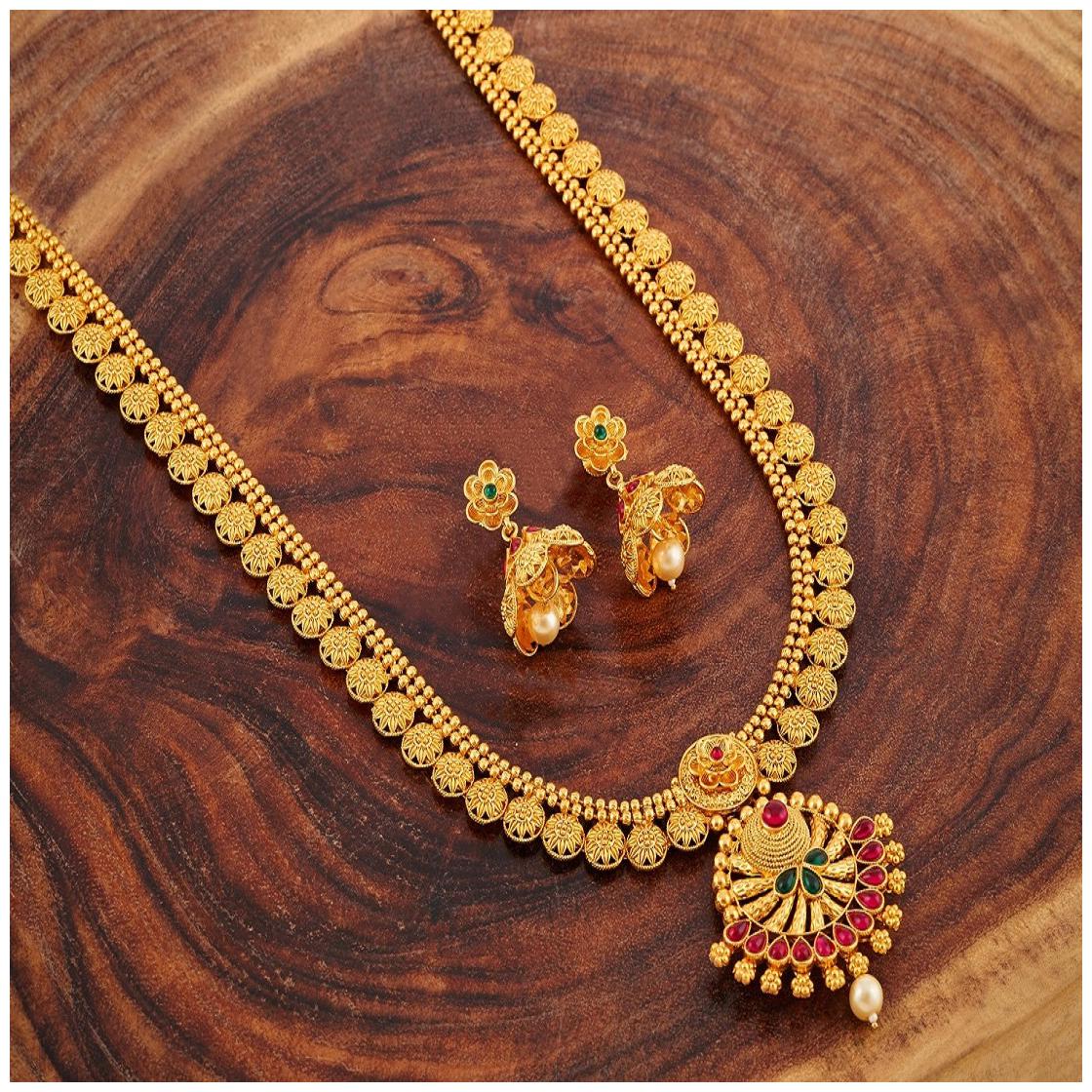

RG FASHIONS Copper Traditional Gold Plated Long Haram Pearl Jewellery Necklace Set For Women