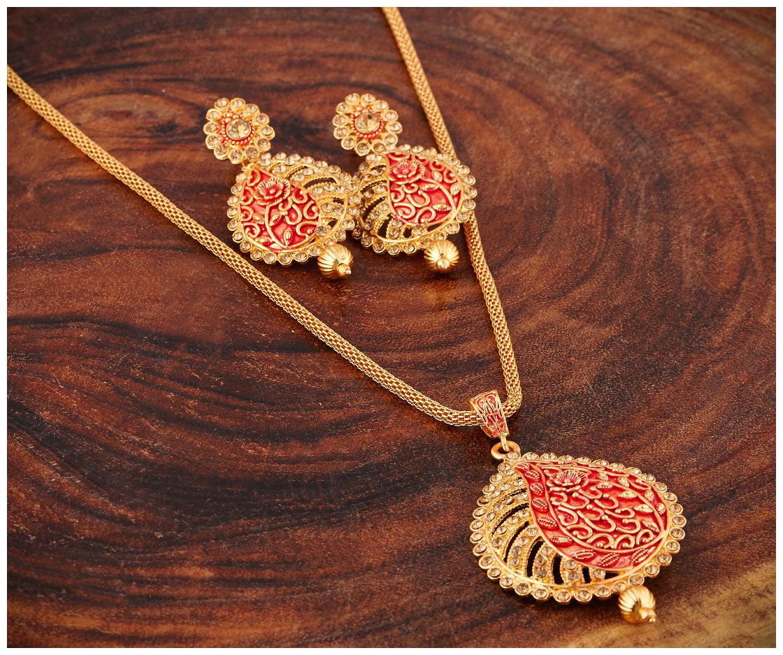 

RG FASHIONS Floral Gold Plated Earring And Pendant Chain Necklace Jewellery Set For Women
