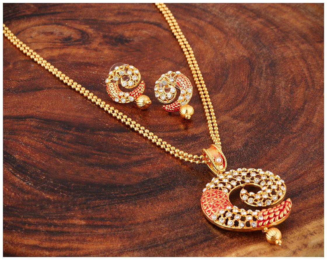 

RG FASHIONS Gold Plated Red Meenakari Diamond Chain Pendant Earring Necklace Set Jewellery For Girls Women