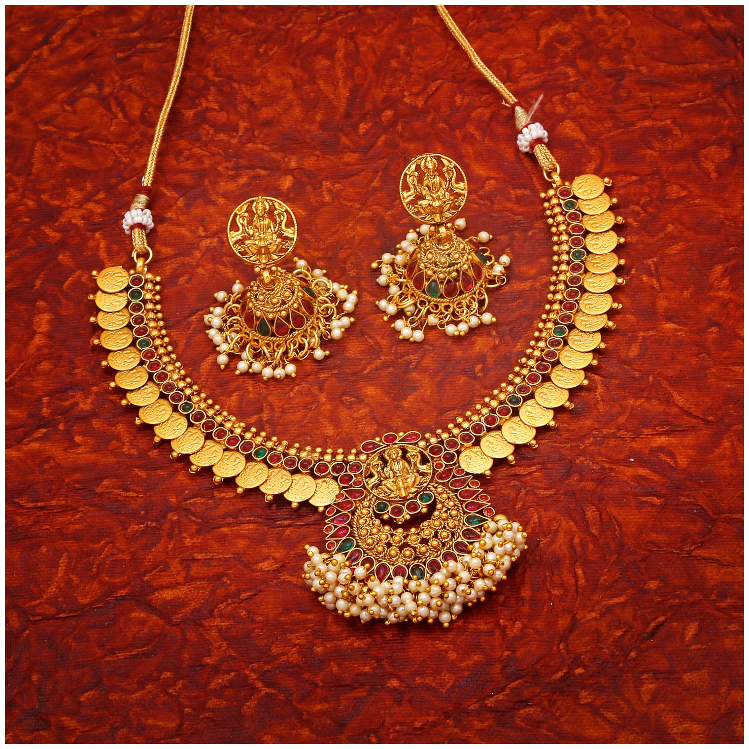 

RG FASHIONS Exquisite Copper Kasu Mala Laxmi Pendant Coin Temple Jewellery Pearl Beaded Jhumki MultiColour Necklace Set For Women