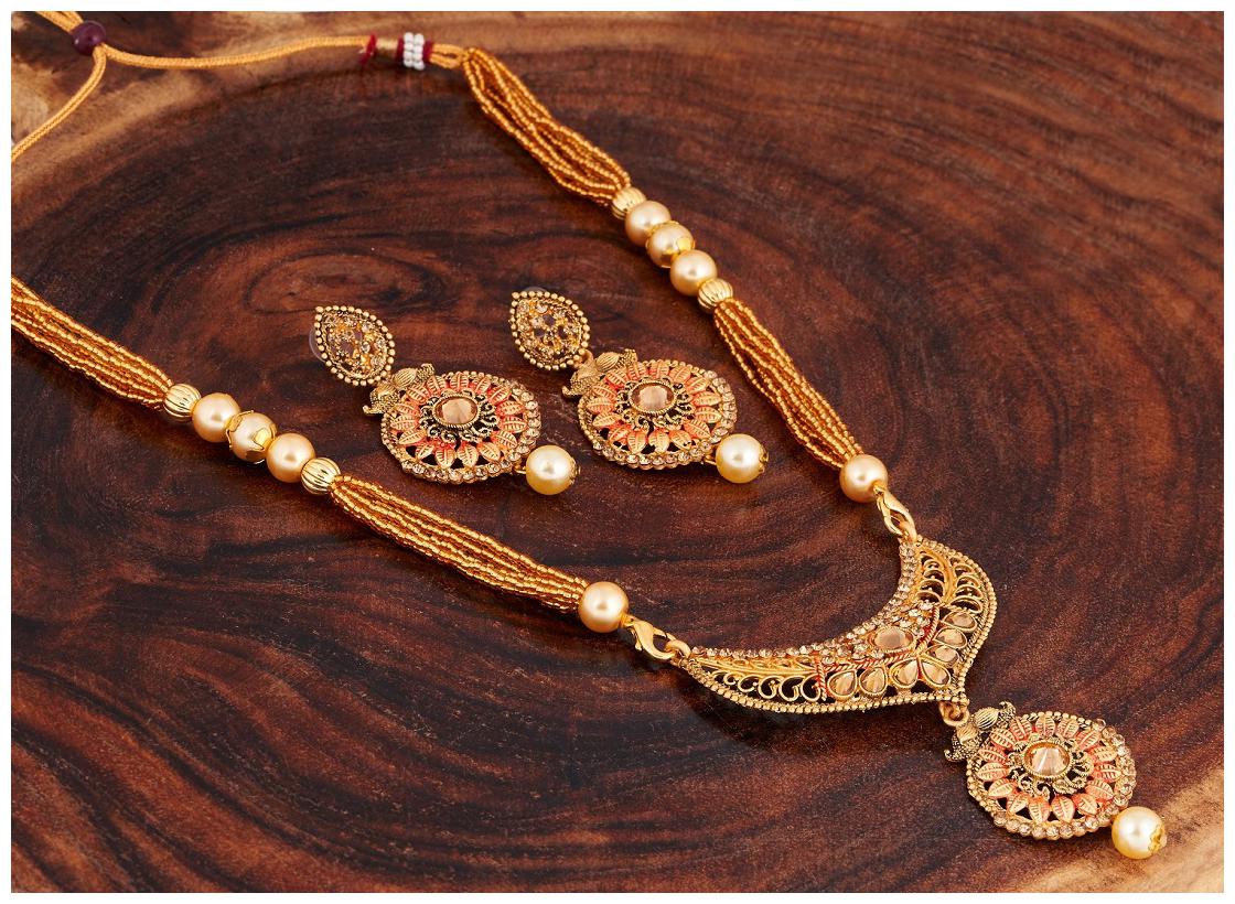 

RG FASHIONS Mint Meena LCT Stones Pendant Chain Drop Earrings Jewellery Necklace Set For Girls Women