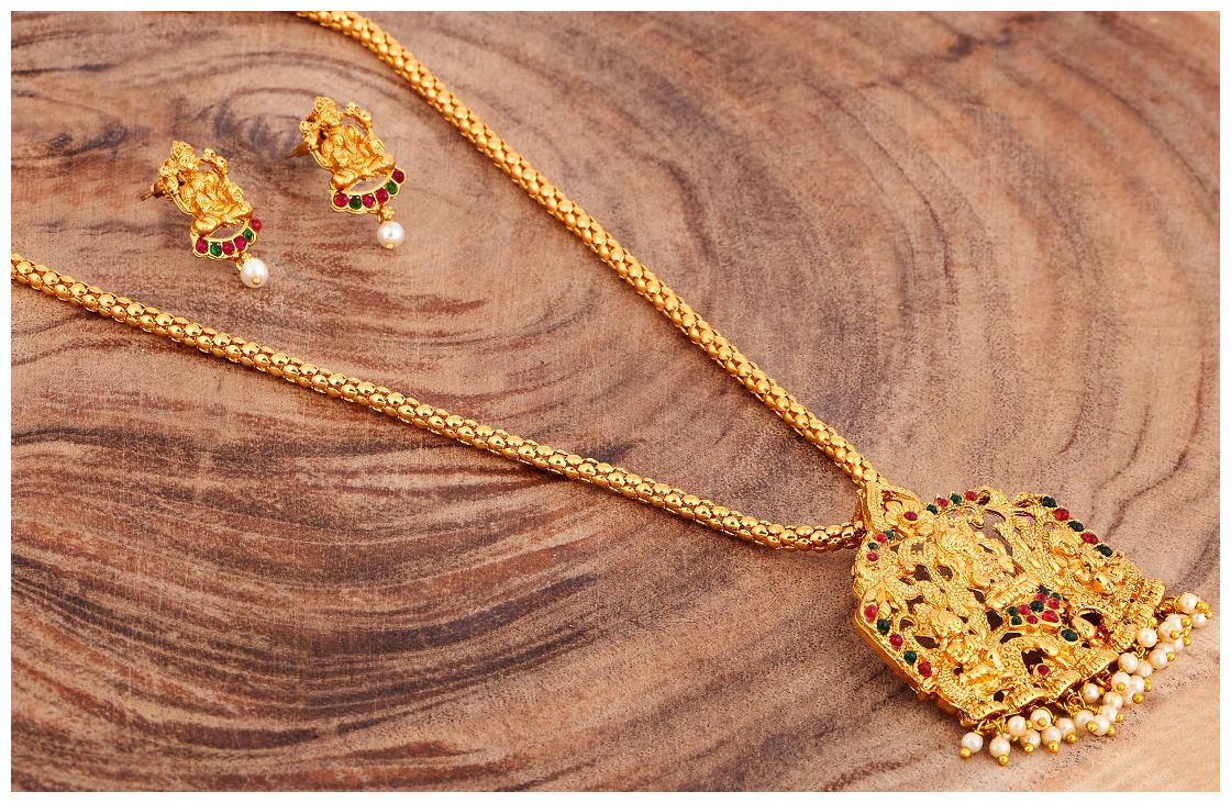

RG FASHIONS Laxmi Pendant Temple Jewellery Chain Mala Necklace Set For Women