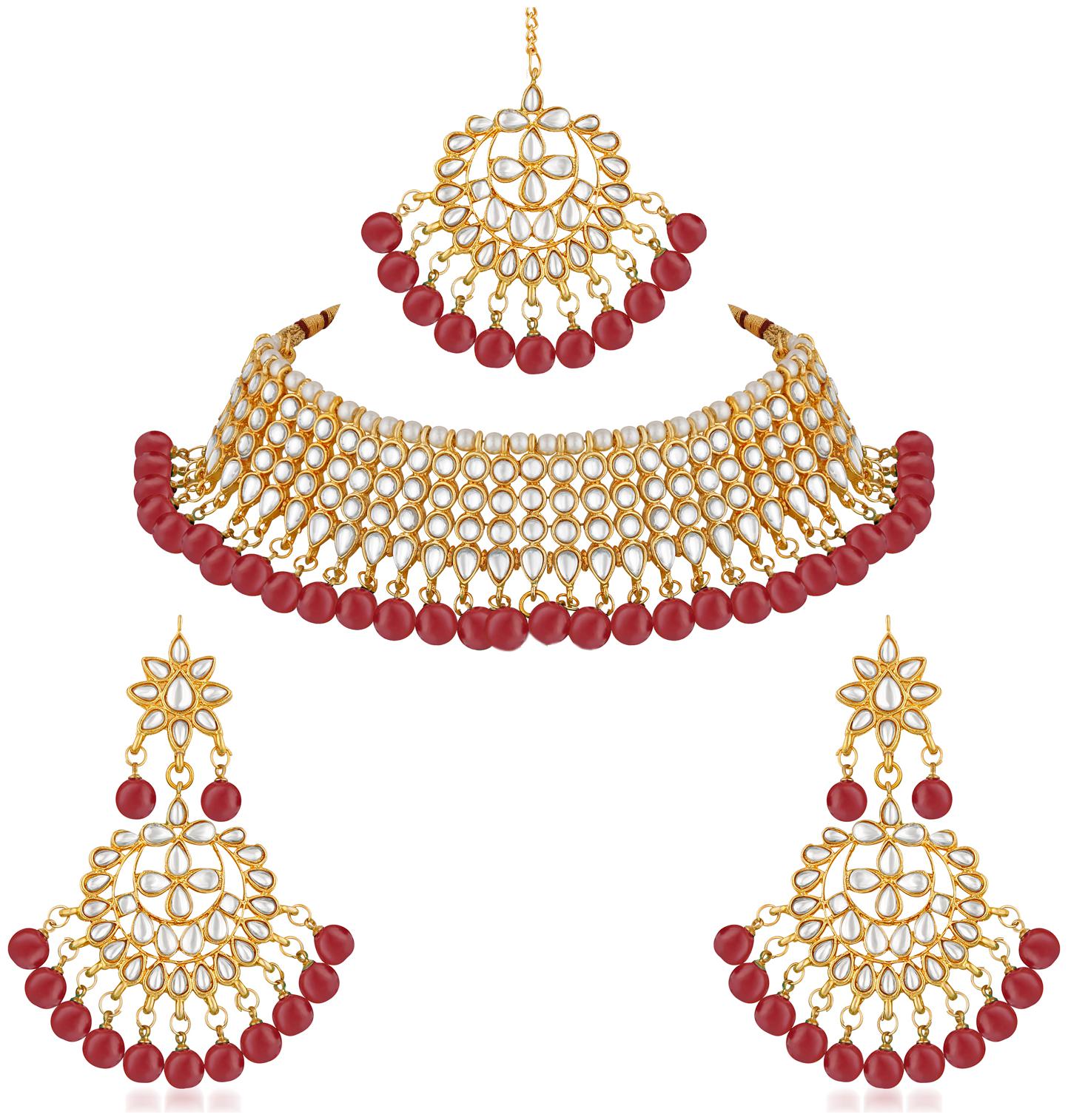 

RG FASHIONS Red Beads Semi Bridal Kundan Necklace Earring Maang Tikka Jewellery Set For Women