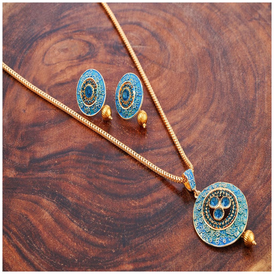 

RG FASHIONS Firozi Blue Meenakari Pendant Chain Set Earrings Jewellery For Girls Women