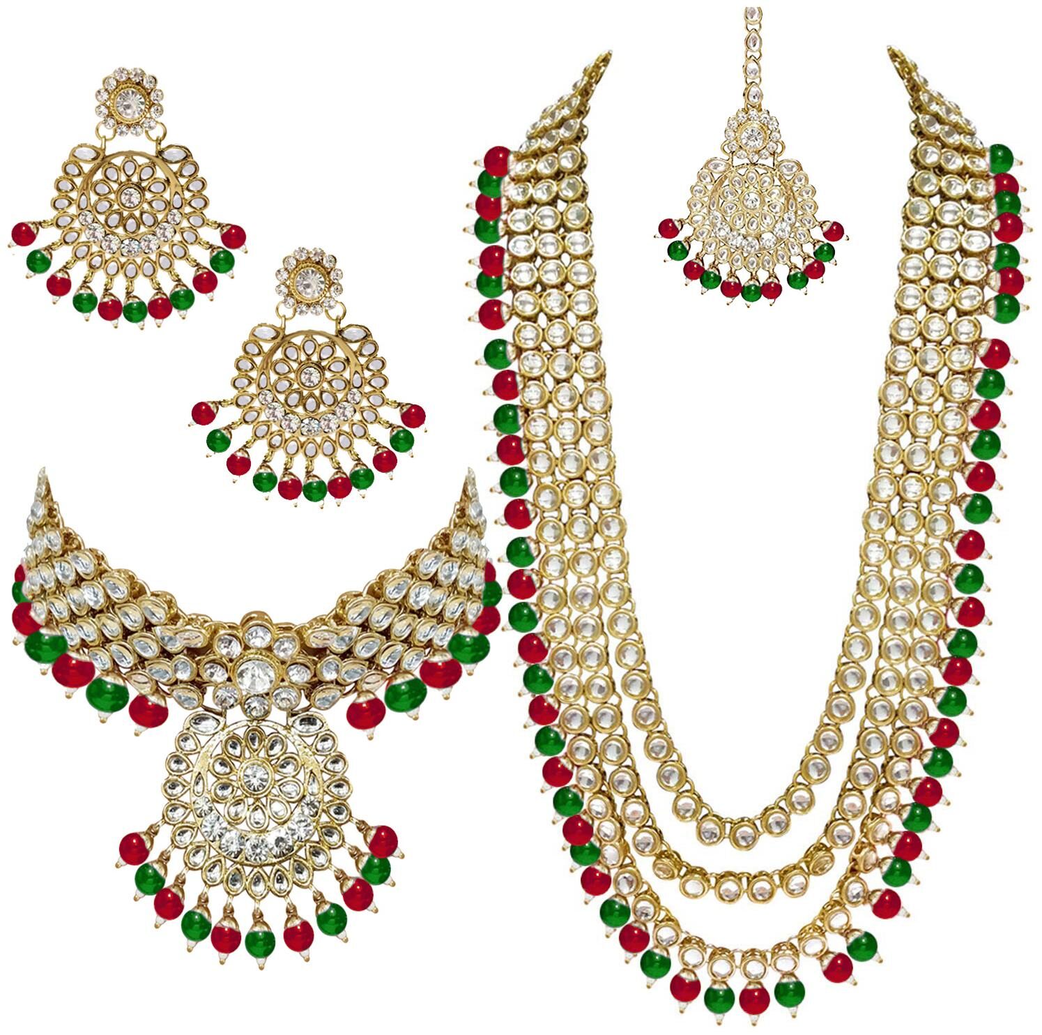 

RG FASHIONS Marron Green Bridal Kundan Long Wedding Collection Gold Plated Stylish Necklace Maang Tikka Jewellery Set For Women