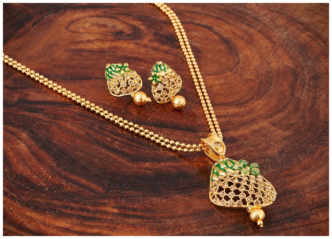 

RG FASHIONS Gold Plated Green Meenakari Diamond Chain Pendant Earring Necklace Set Jewellery For Girls Women