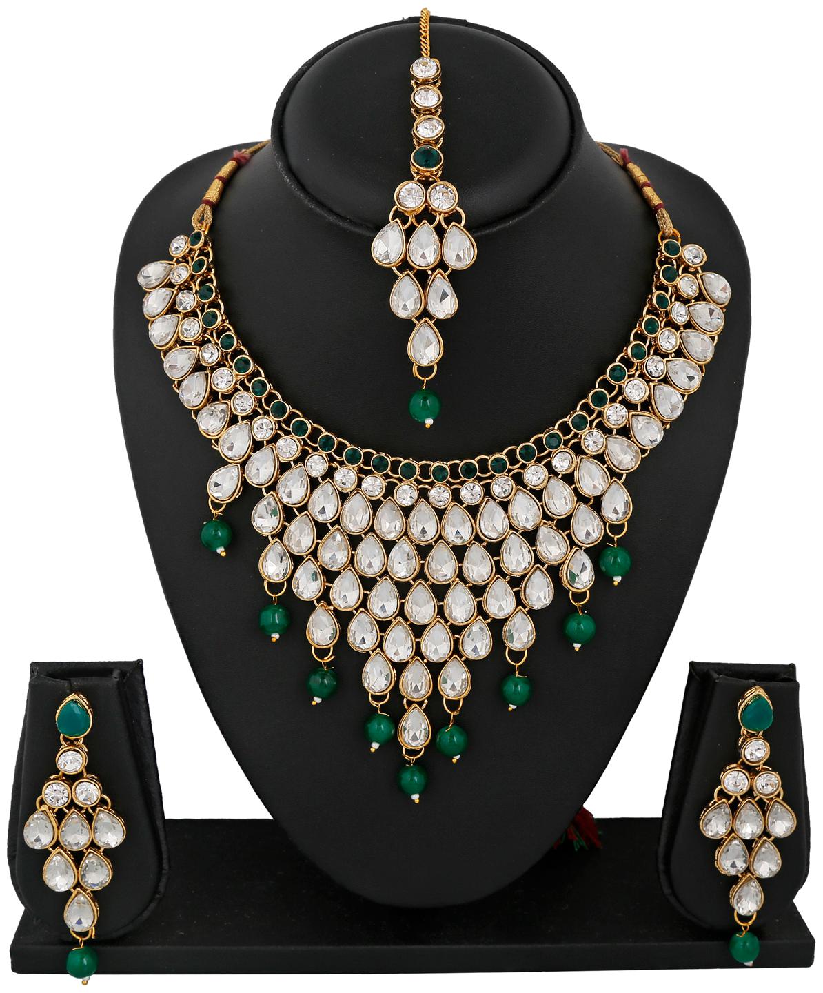 

RG FASHIONS Gold Plated Traditional Semi Bridal Green Necklace Earring Maang Tikka Kundan Jewellery set for Women Girls