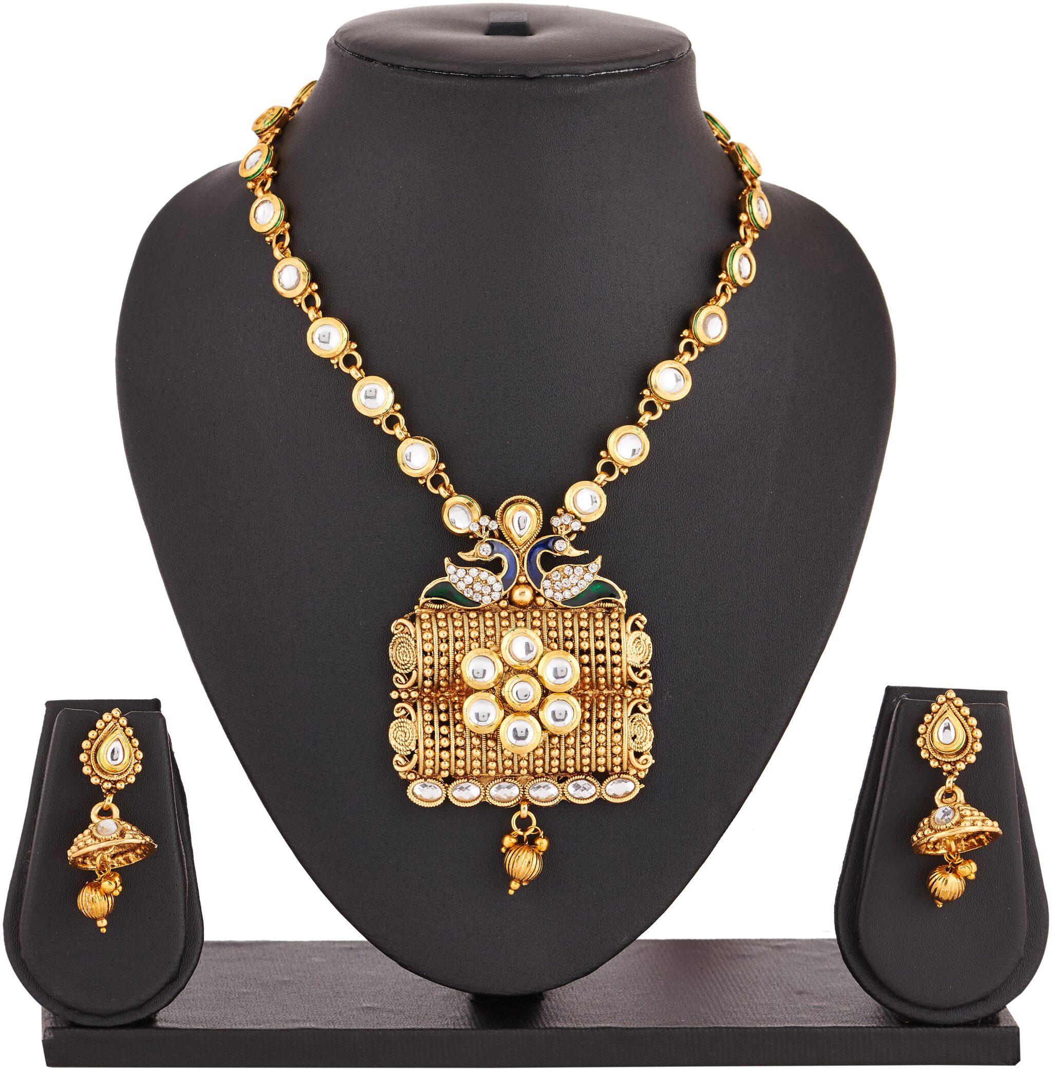 

RG FASHIONS Gold Plated White Kundan Mala Peacock Design Necklace Set For Women