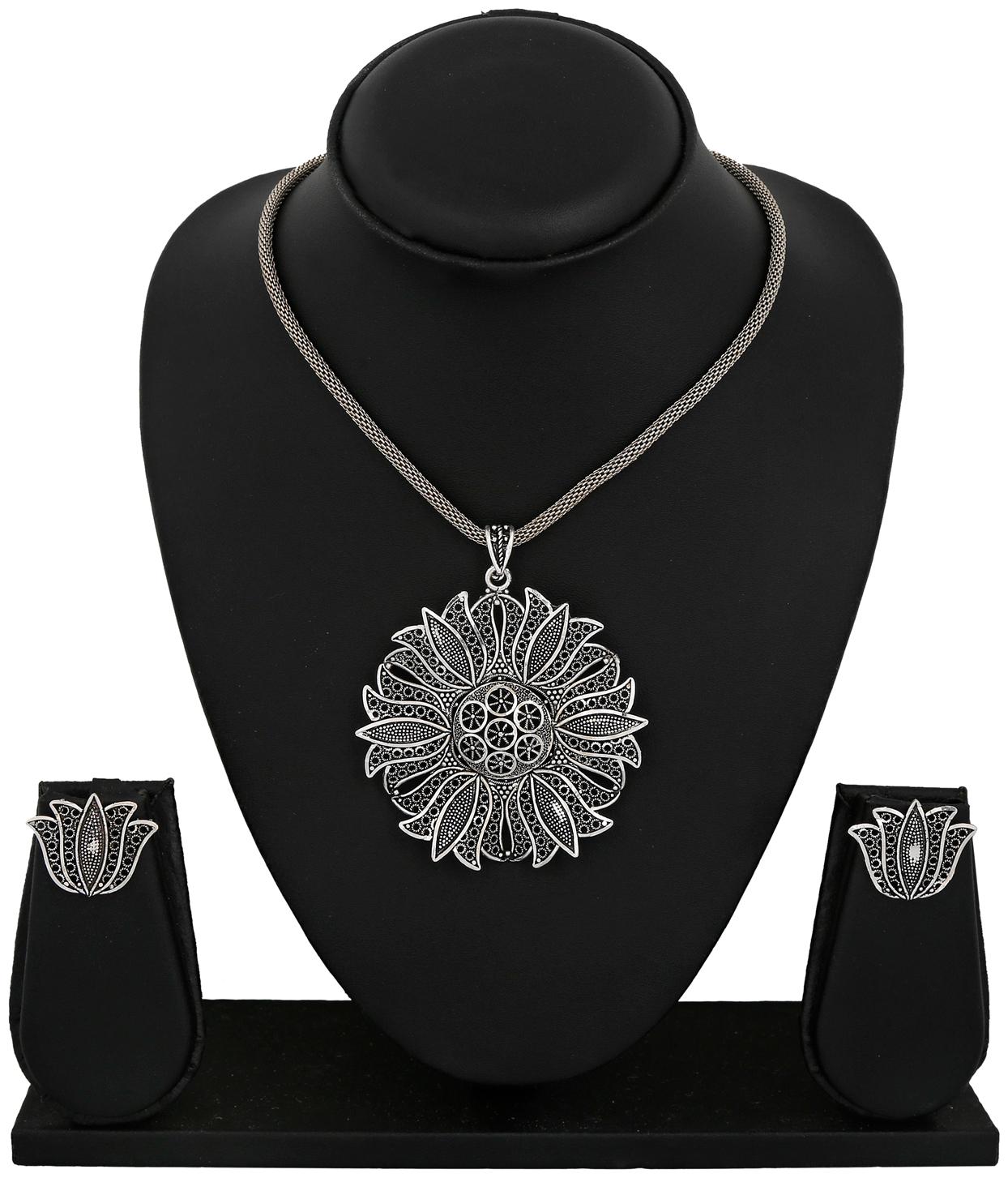 

RG FASHIONS German Silver Plated Oxidised Pendant Chain Earrings Set for Girls Women