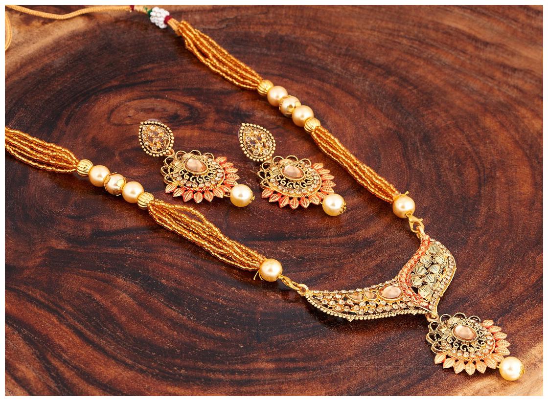 

RG FASHIONS Mint Meena LCT Stones Pendant Pearl Chain Mala Drop Earrings Jewellery Necklace Set For Girls Women