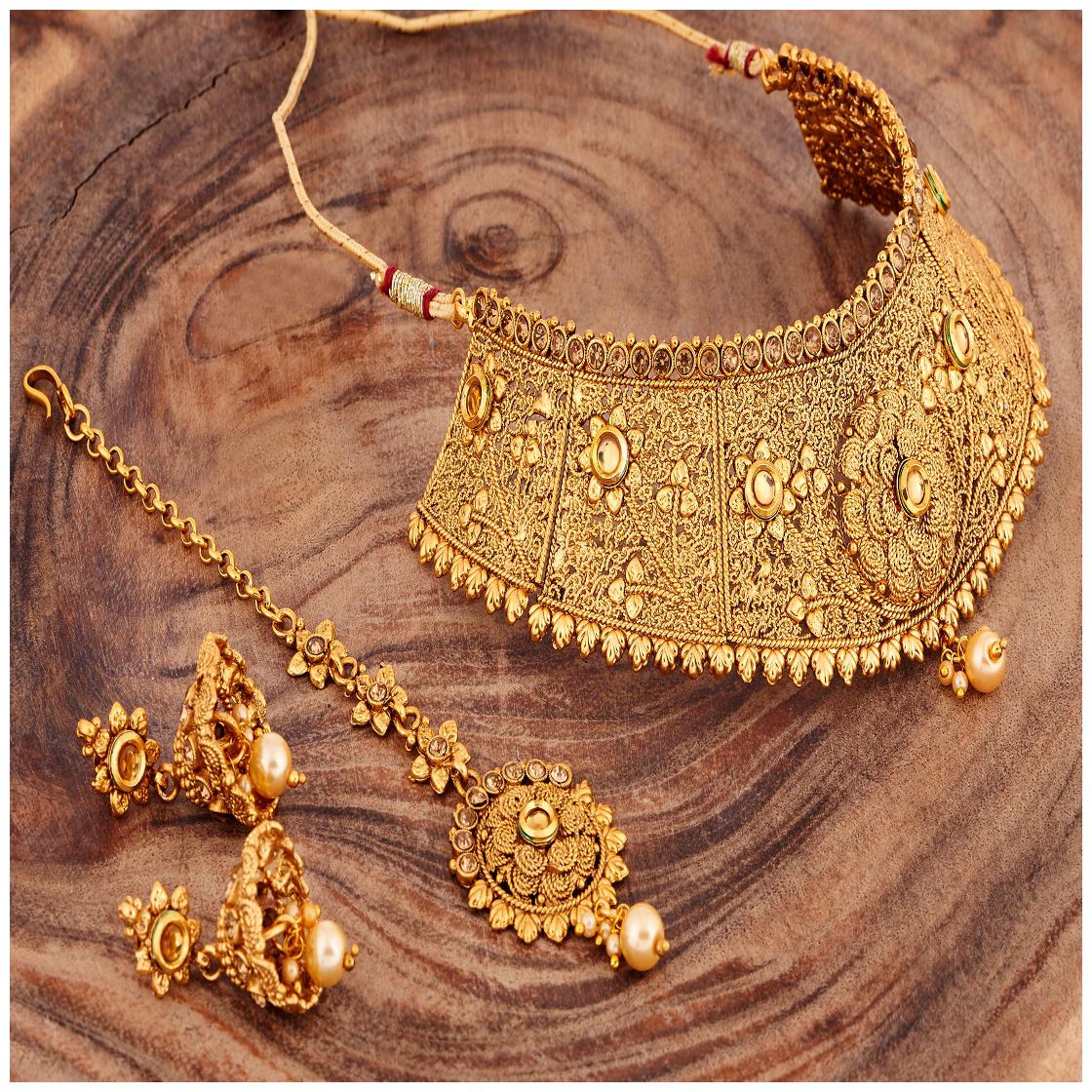 

RG Gold Plated Traditional Choker Necklace Maang Tikka Jewellery Set For Women