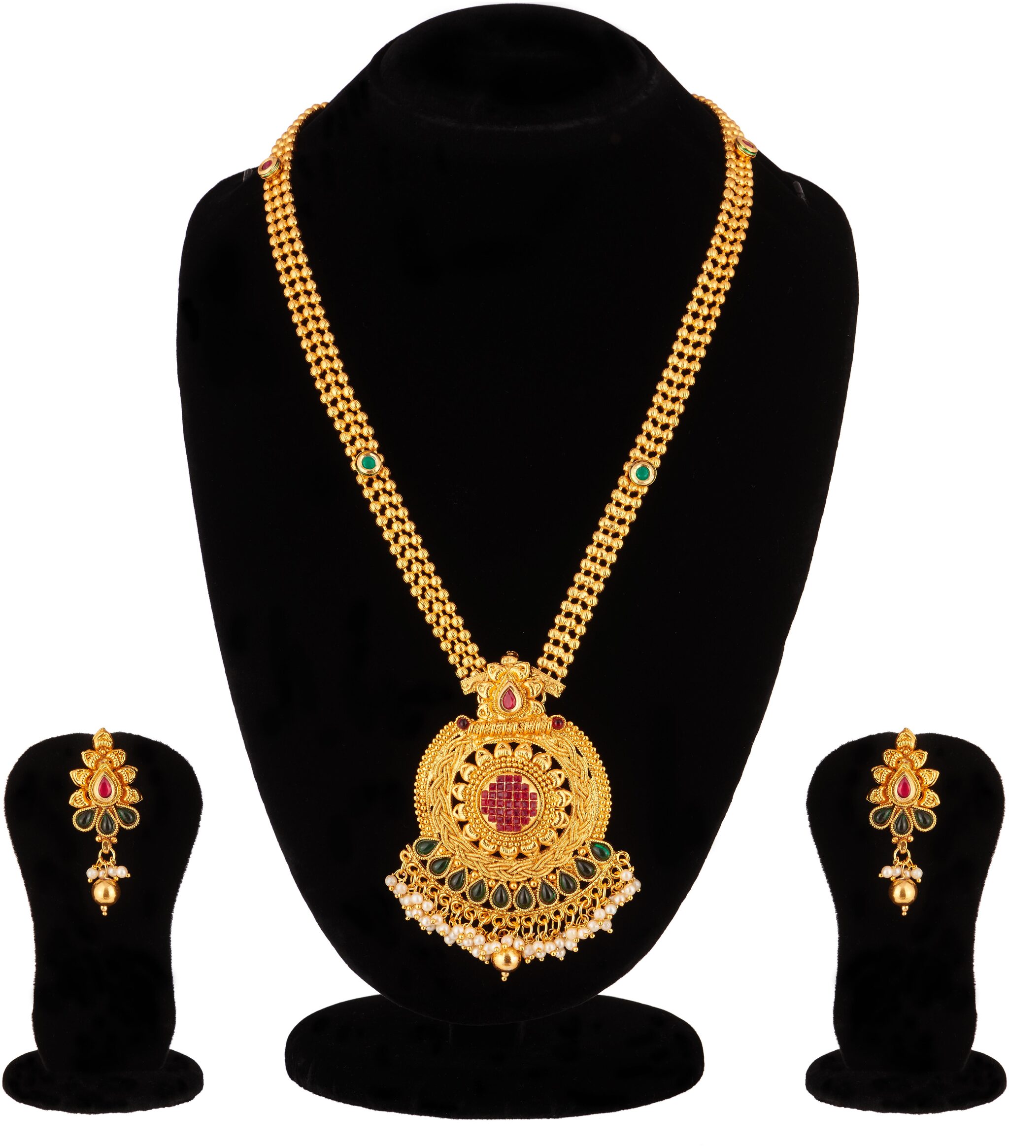 

RG Long Multicolour Necklace Set with Red Checkers Kundan and Pearl Beading For Women