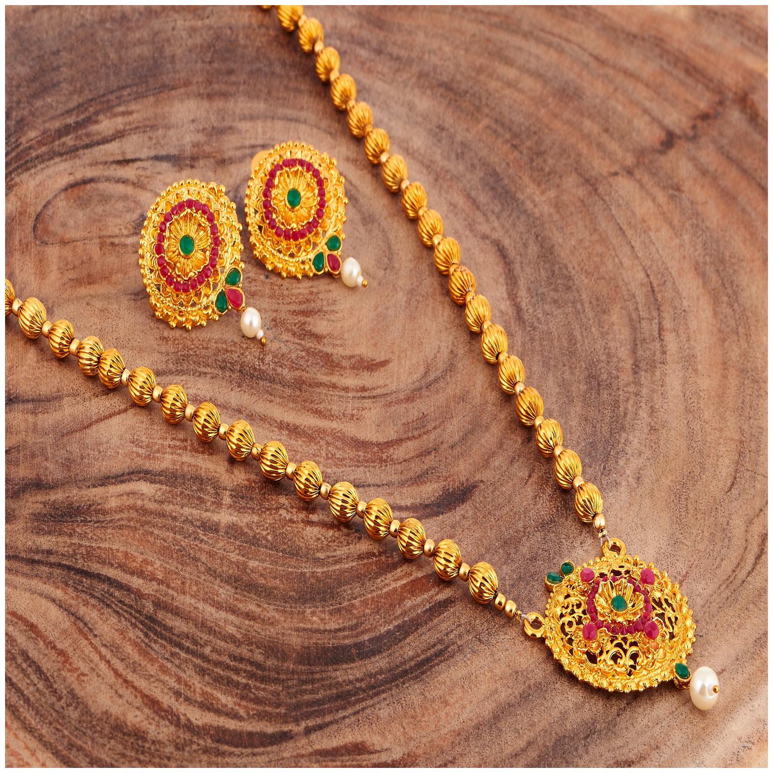 

RG Ruby Studded Gold Plated Ball Chain Mala Necklace Jewellery Set For Women