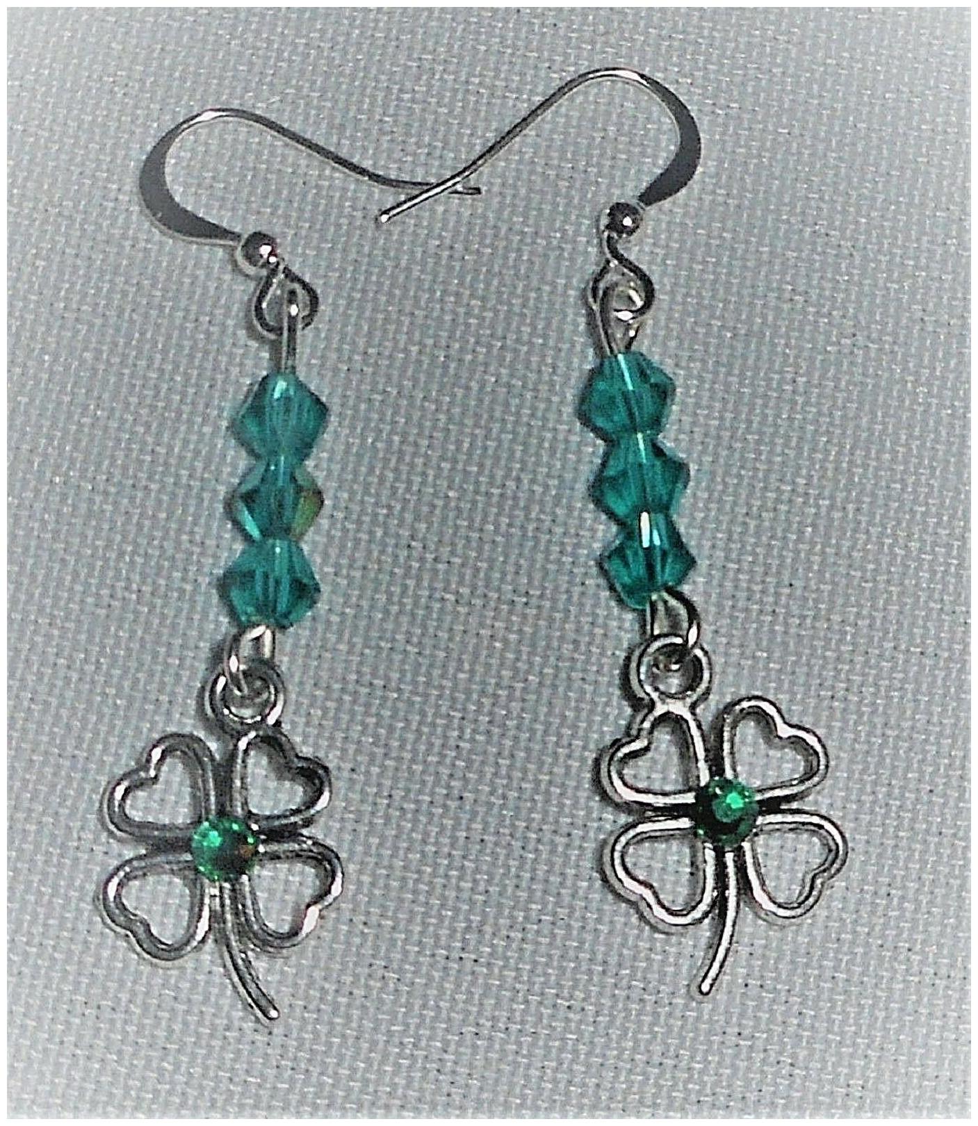 

Rhinestone Hearts 4 Leaf Clover Shamrock Crystals French Wire Dangle Earrings