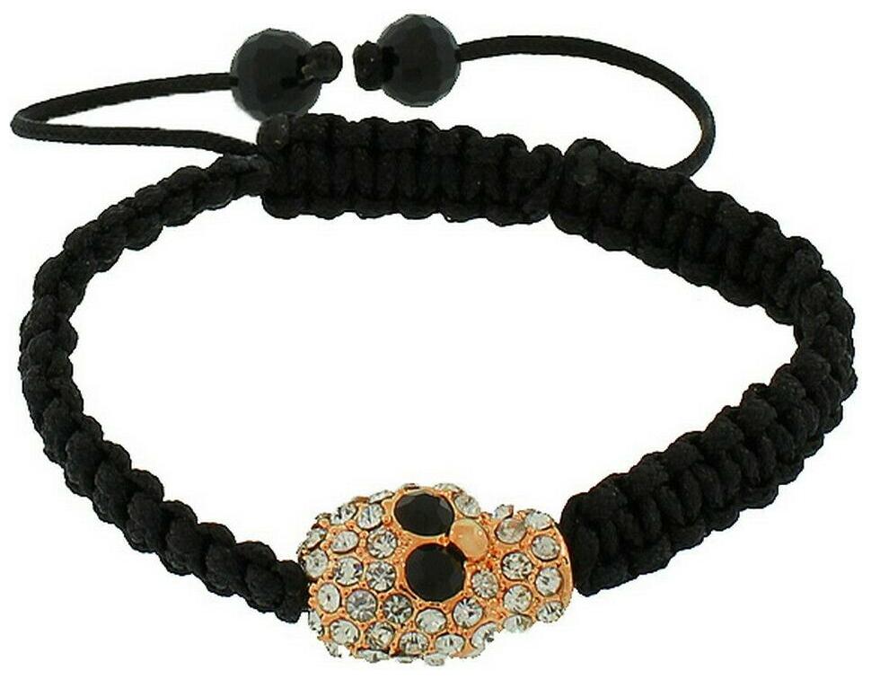 

Rose Gold Tone Black White Crystals CZ Skull Beaded Adjustable Macrame Bracelet