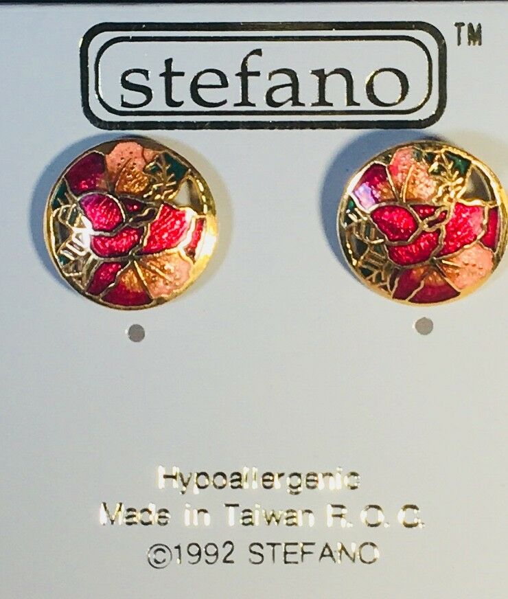 

ROUND POST EARRINGS Stefano Vintage Cloisonne blue red white black gold plate