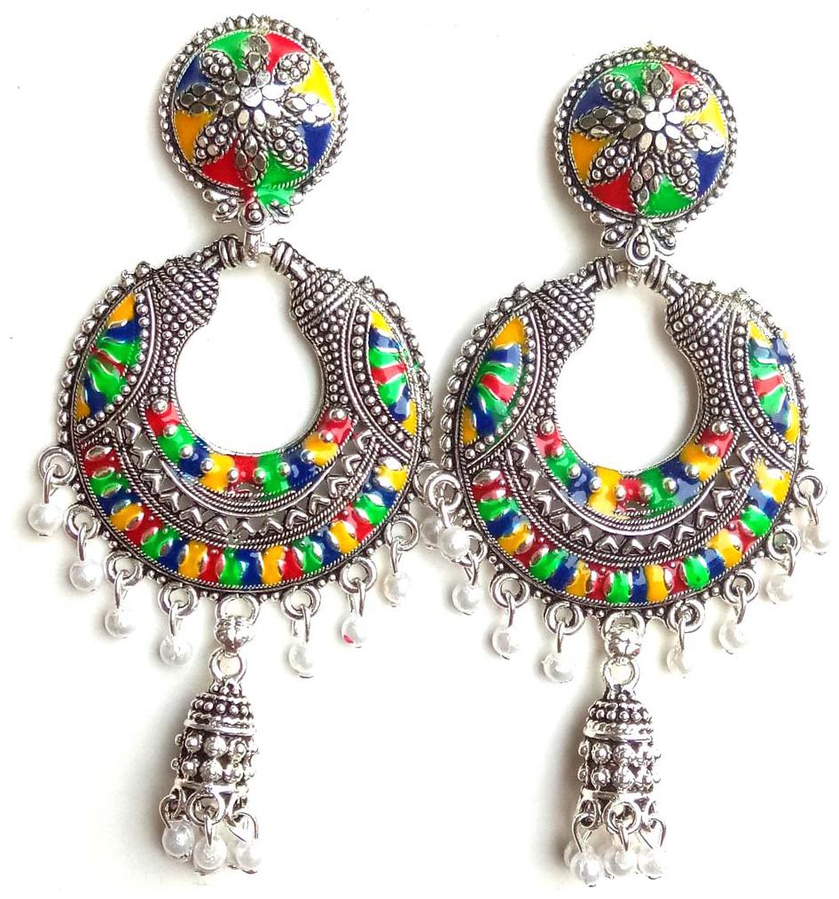 

Rozmili Silver Plated Meenakeri Design Chandbali Earrings