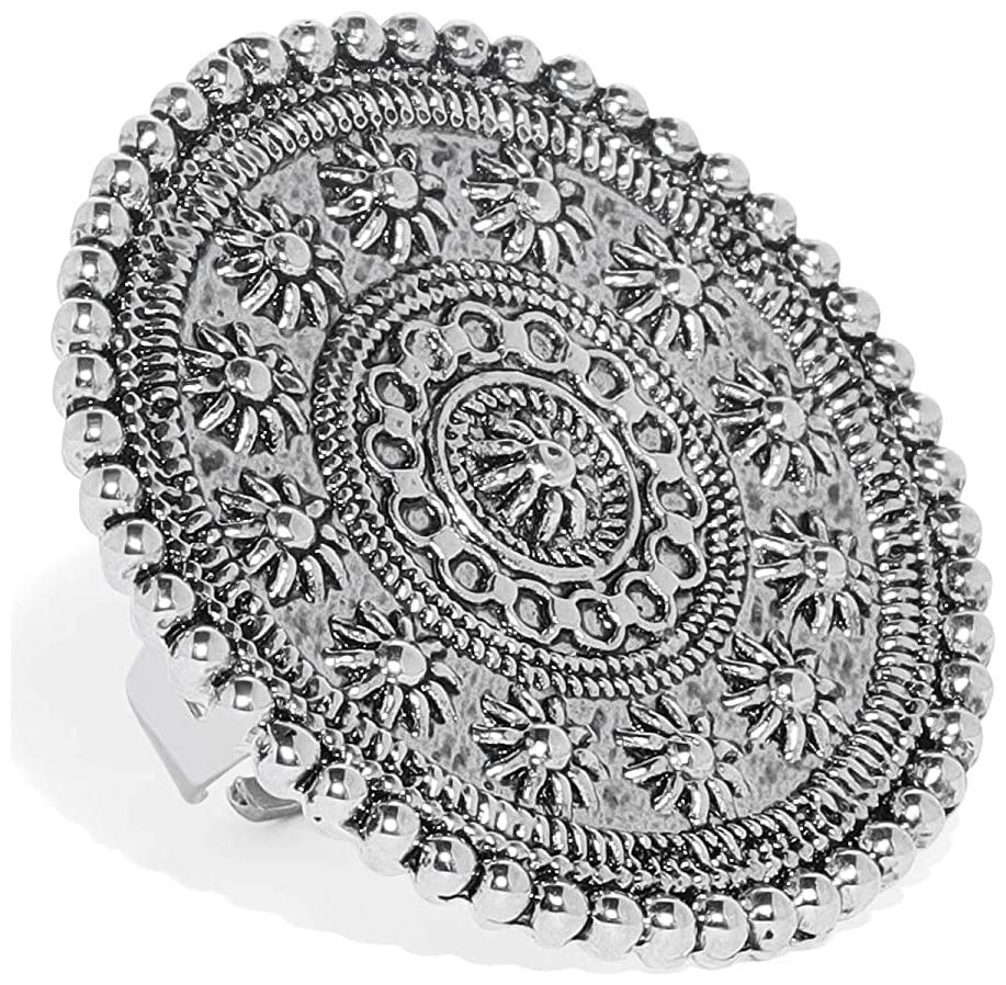 

Ruby Luxurious Partywear Silver Oxidised Statement Finger Ring For Women Girls
