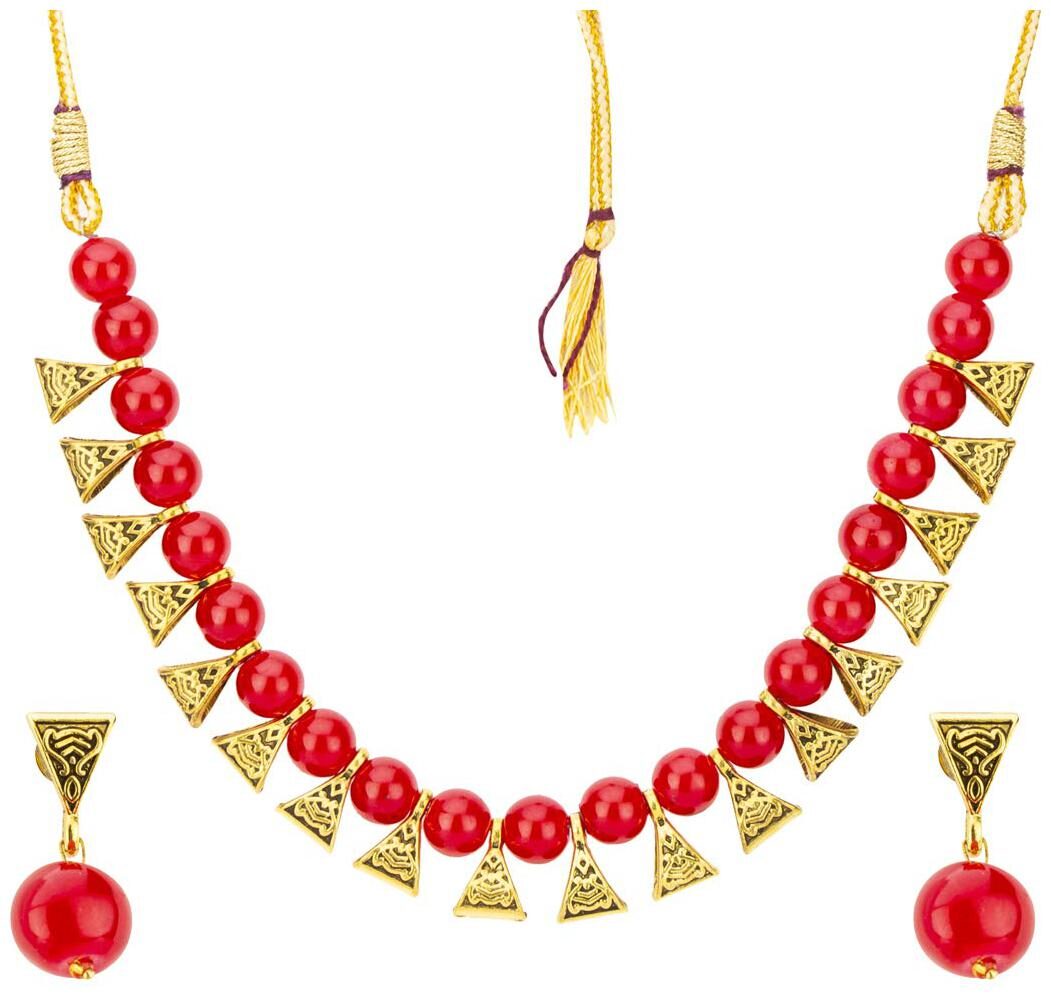 

RUBY LUXURIOUS Boho Stylesh Red Beaded Necklace with Earring For Women