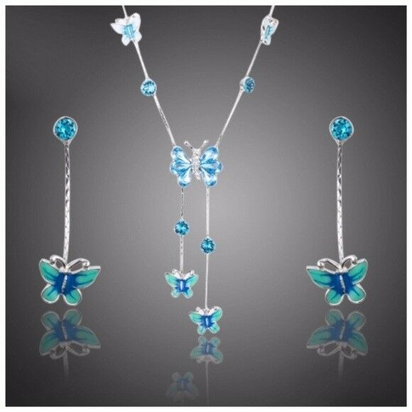 

S5 Made With Swarovski Crystals The Dunia Blue Butterfly Necklace Set 144