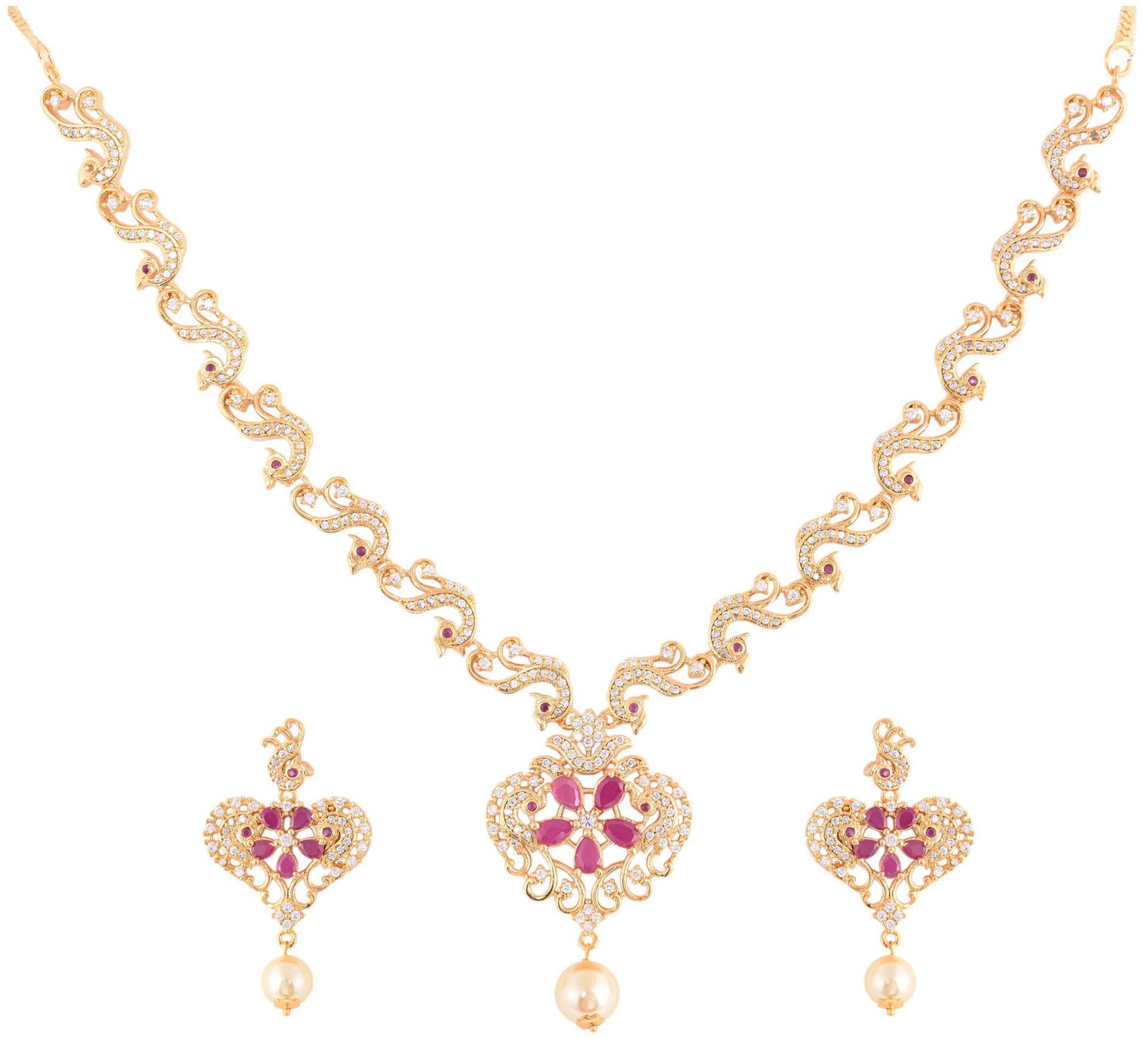 

Saraf Rs Jewellery Heart Shaped Pink Bird Design Light Necklace With Earrings Handcrafted With Gold Pearl Drop For Women Girls