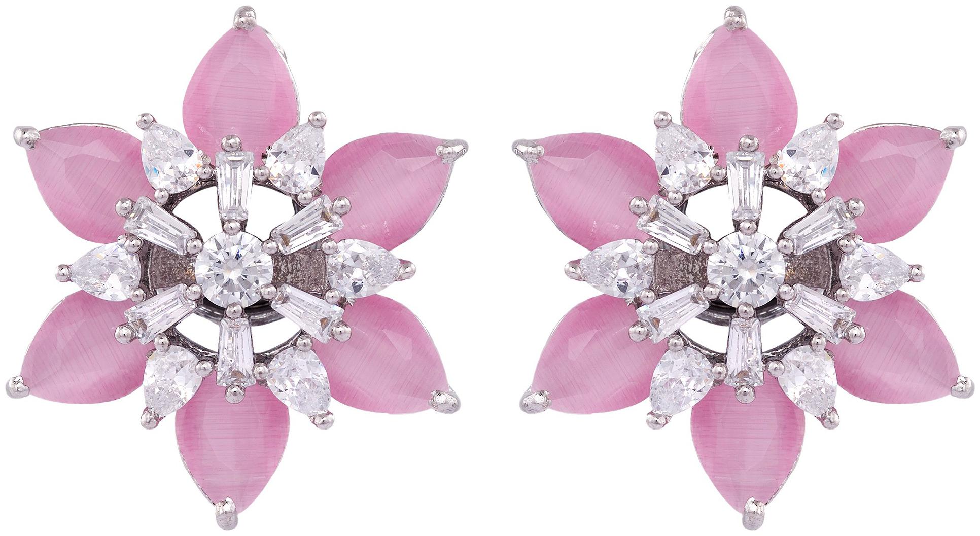 

Saraf Rs Jewellery Floral Pink Stud Earrings White Rhodium American Diamond Handcrafted