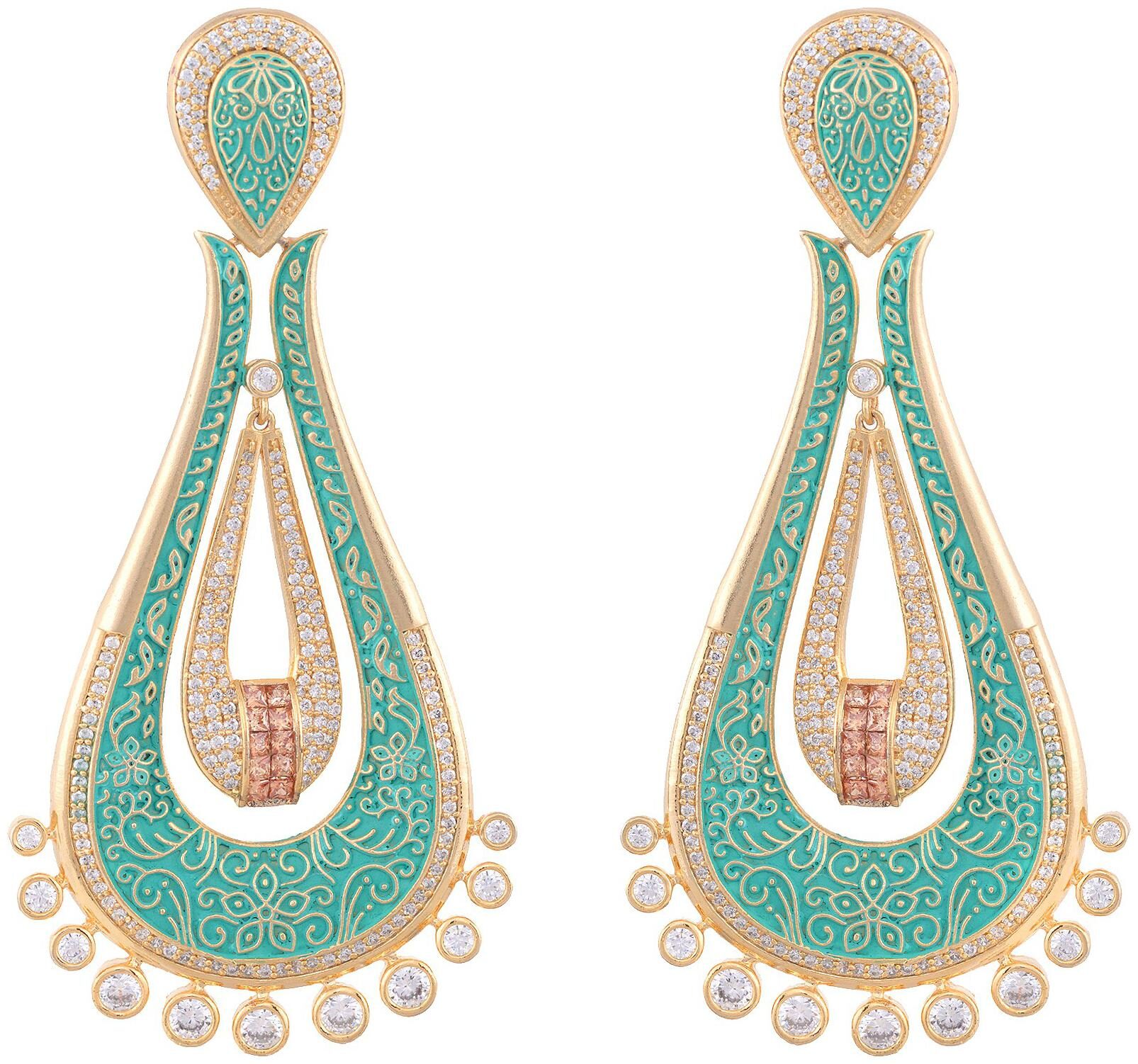 

Saraf Rs Jewellery Sea Green Meenakari Long Earrings Gold Plated American Diamond