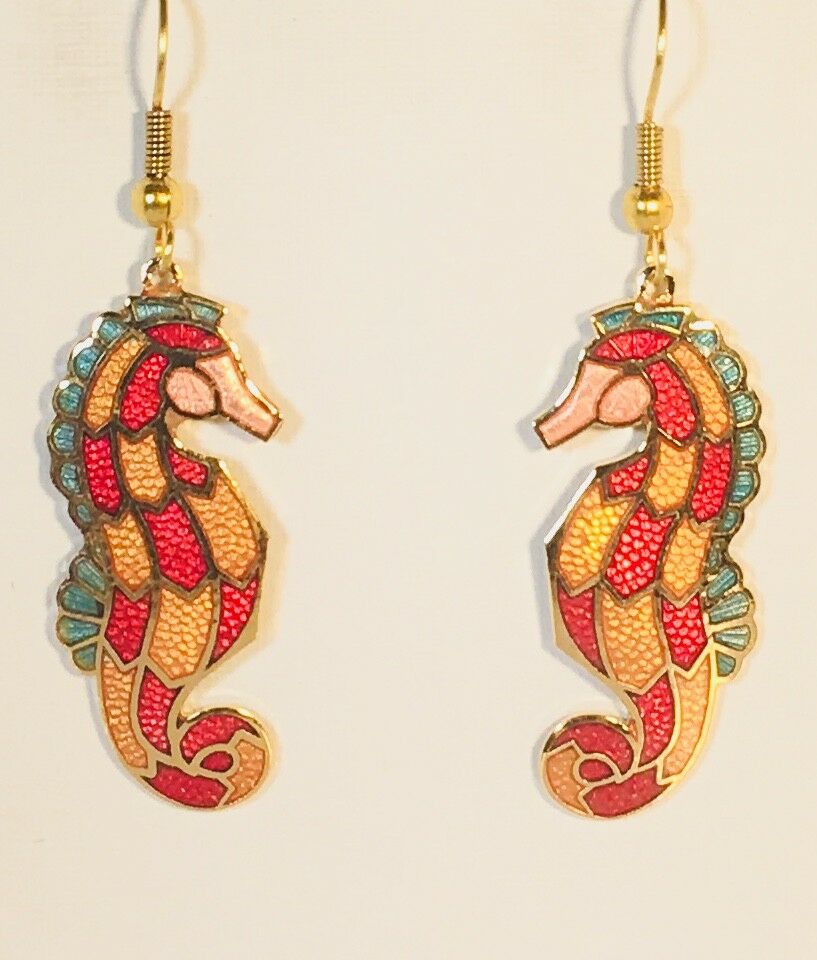 

SEA HORSE Dangle Earrings Stefano Vintage new Cloisonne Gold Plate Factory Price