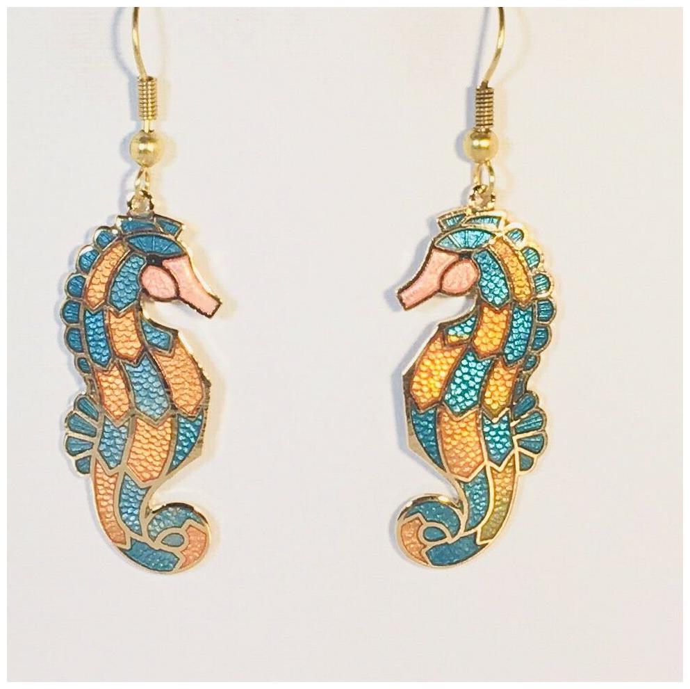 

SEA HORSE Dangle Earrings Stefano Vintage new Cloisonne Gold Plate Factory Price
