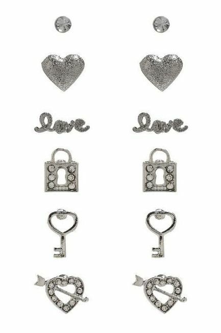 

SET OF 6 GUESS SILVER TONE LOVE HEART PADLOCK HEART KEY RHINESTONE STUD EARRING