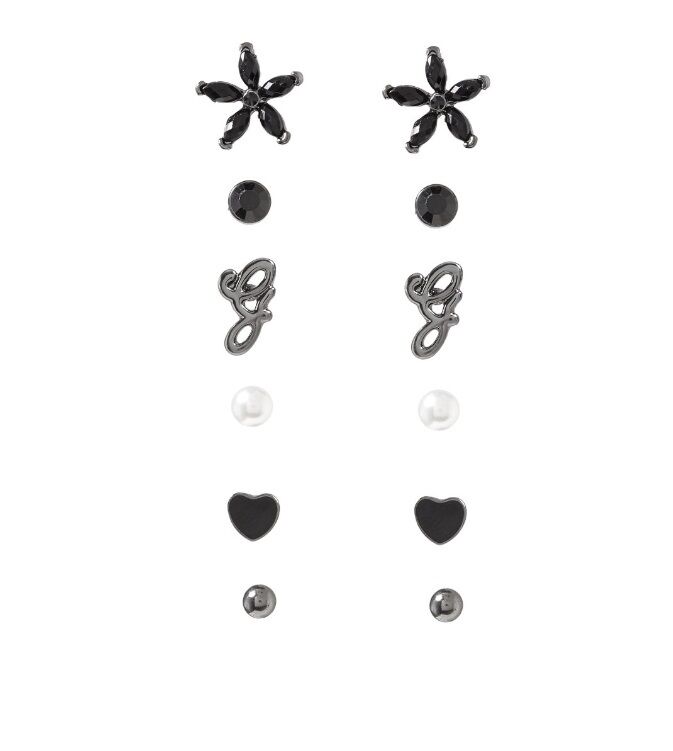 

SET OF 6 GUESS HEMATITE BLACK EARRINGS HEART FLOWER PEARL G RHINESTONE STUDS
