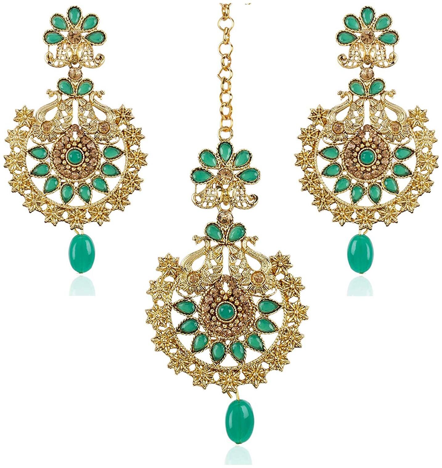

Shining Diva Fashion Latest Design Stylish Peacock Traditional Jewellery Maang Tikka Earrings Set for Women and Girls (Green)