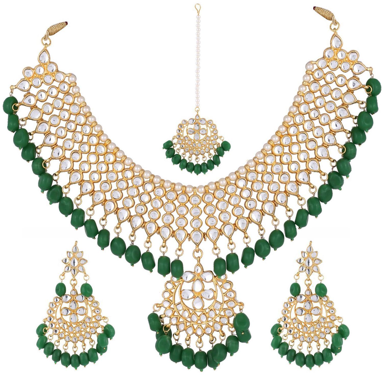 

Shining Diva Jewelry Gold Plated Kundan Wear Traditional Necklace Set with Earrings for Women and Girls (Green)(9607s)