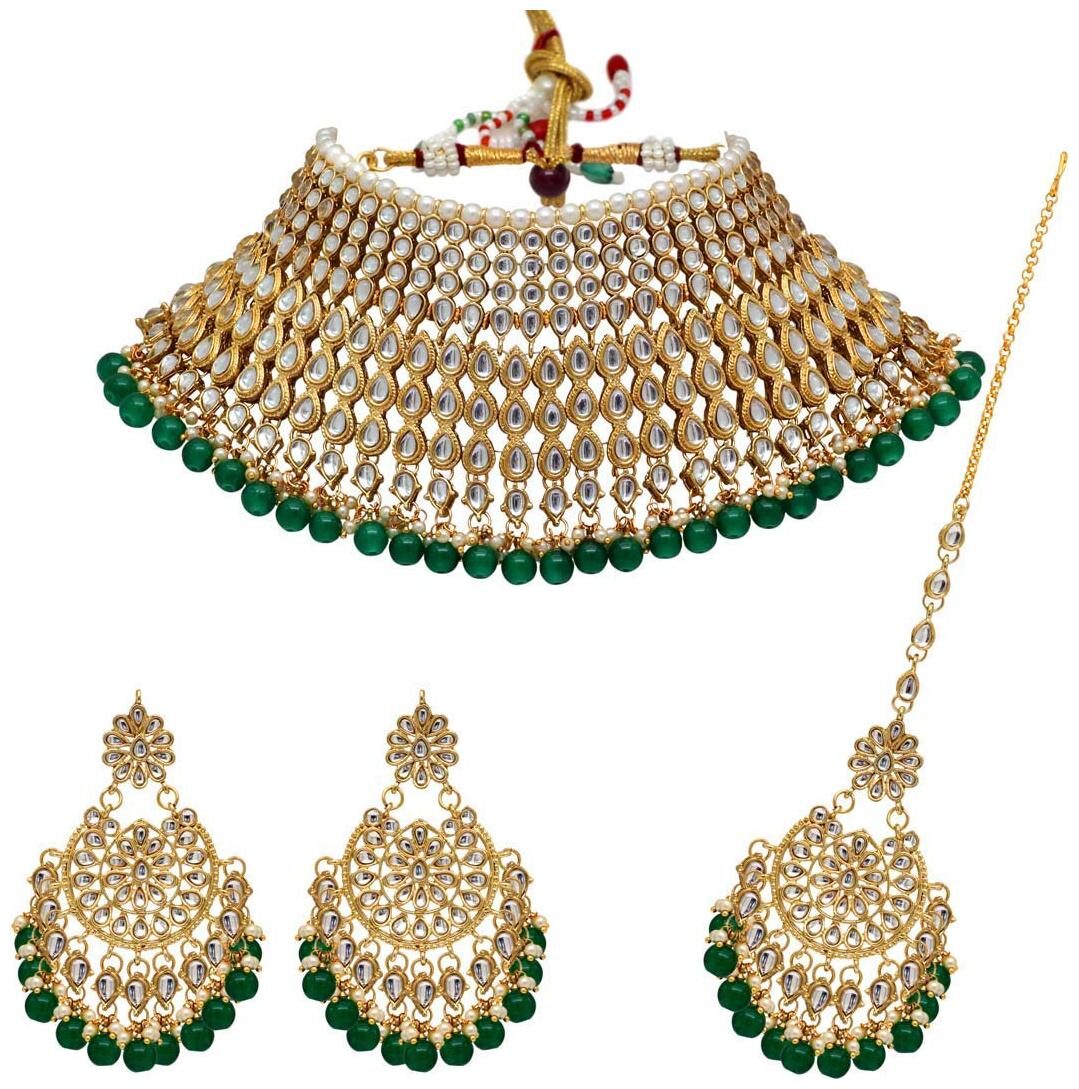 

Shining Diva Fashion Latest Kundan Design Bridal Choker Necklace Set for Women Traditional Jewellery Set for Women (Green) (10556s)