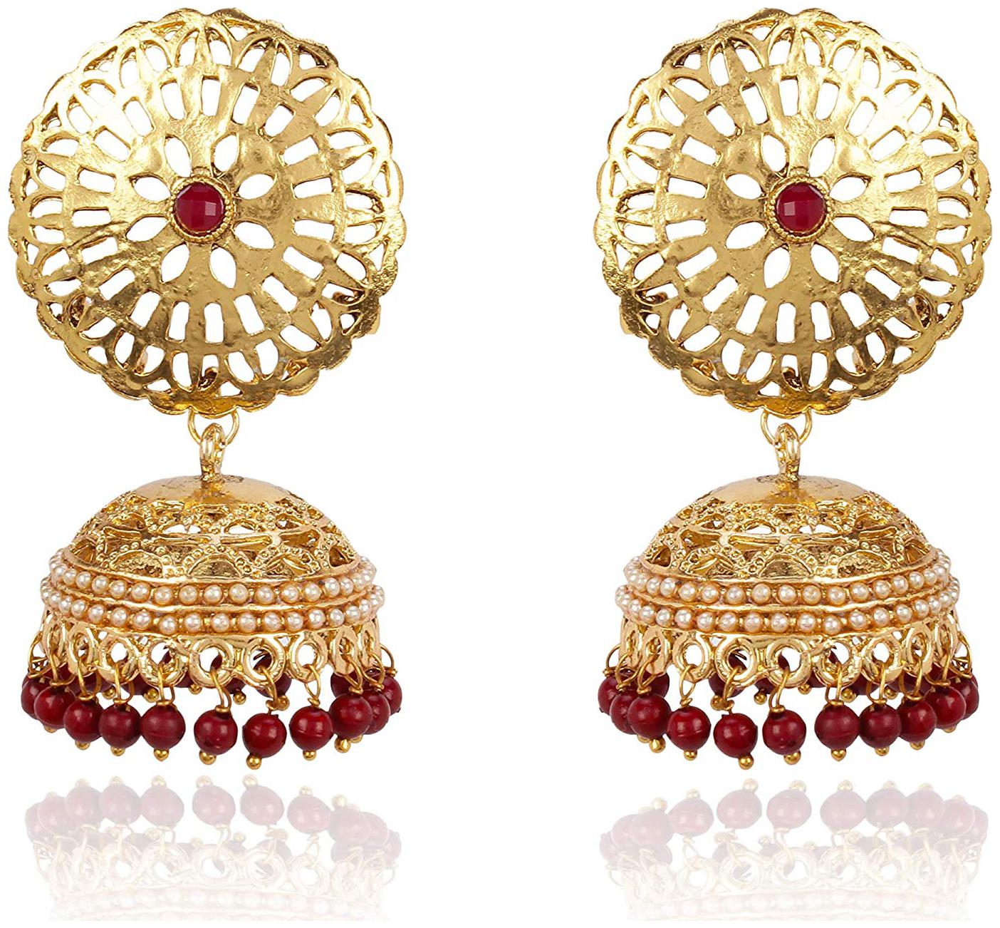 

Shining Diva Fashion Latest Design Stylish Party Wear Pearl Jhumki Traditional Earrings for Women and Girls (Red) (10285er)