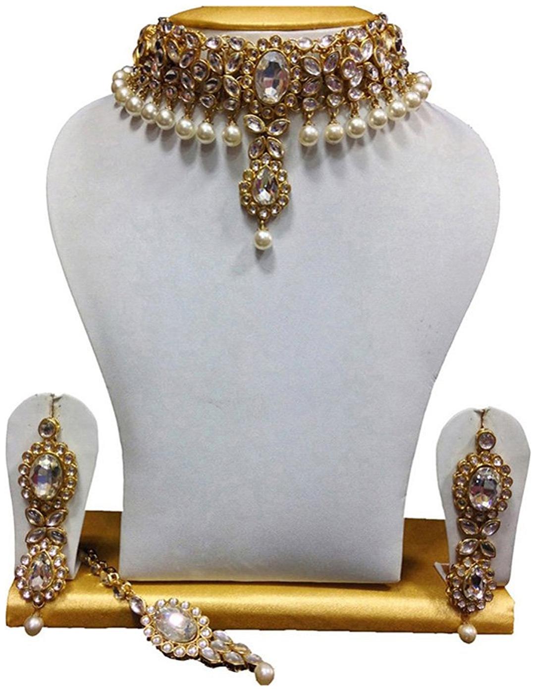 

Shining Diva Kundan Pearl Choker Traditional Necklace Jewellery Set with Earrings for Women (White) (rr6735s)