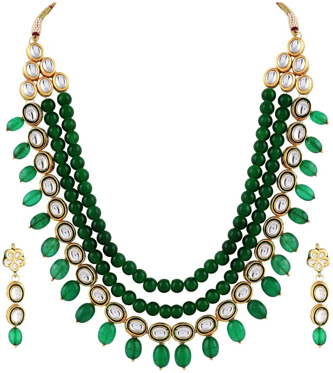 

Shining Diva Brass Kundan Traditional Necklace Jewellery Set with Earrings for Women and Girls (Green)