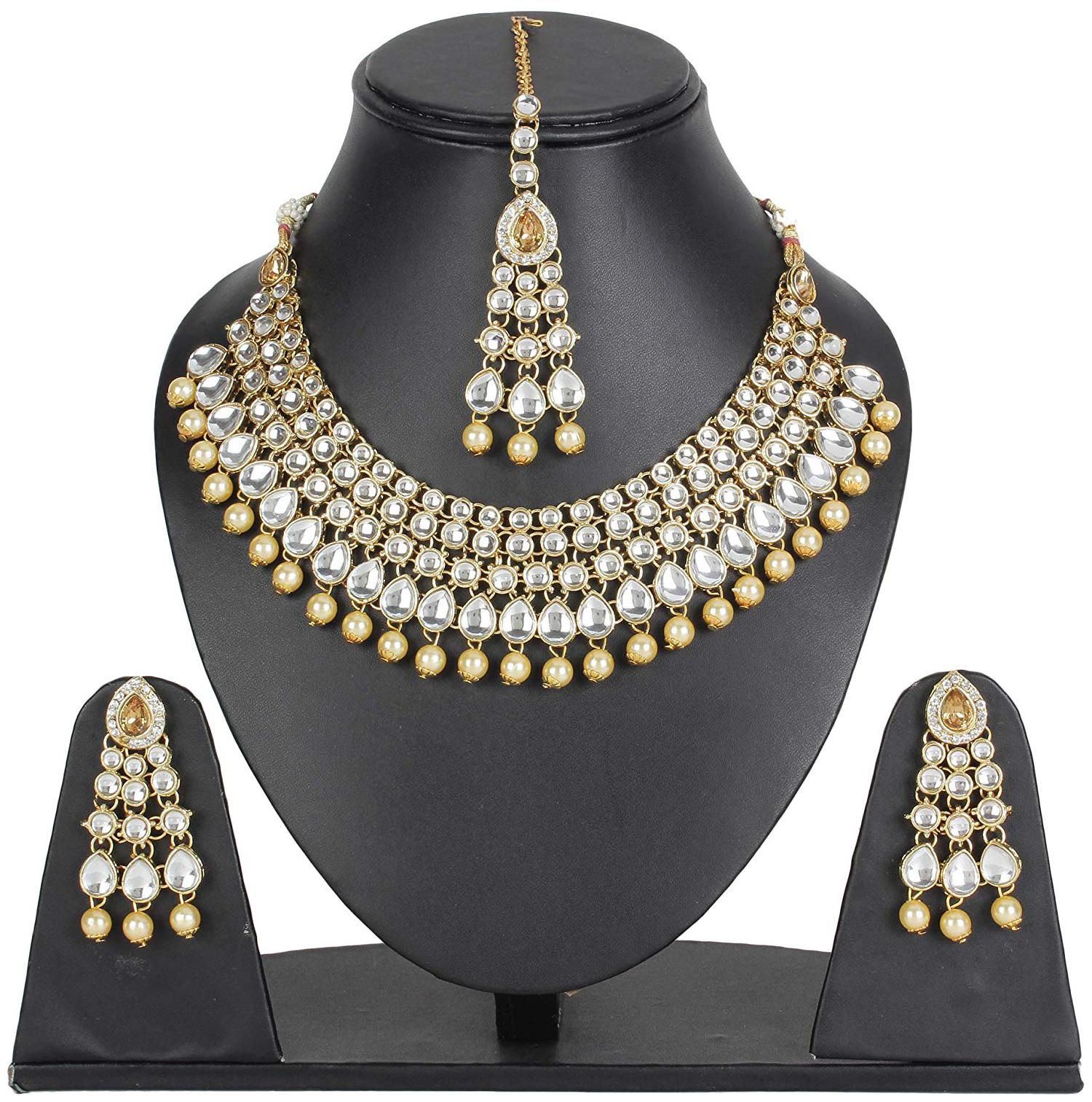 

Shining Diva Fashion Latest Kundan Design Choker Pearl Necklace Set for Women Traditional Gold Plated Bridal Jewellery Set for Women (Lct)