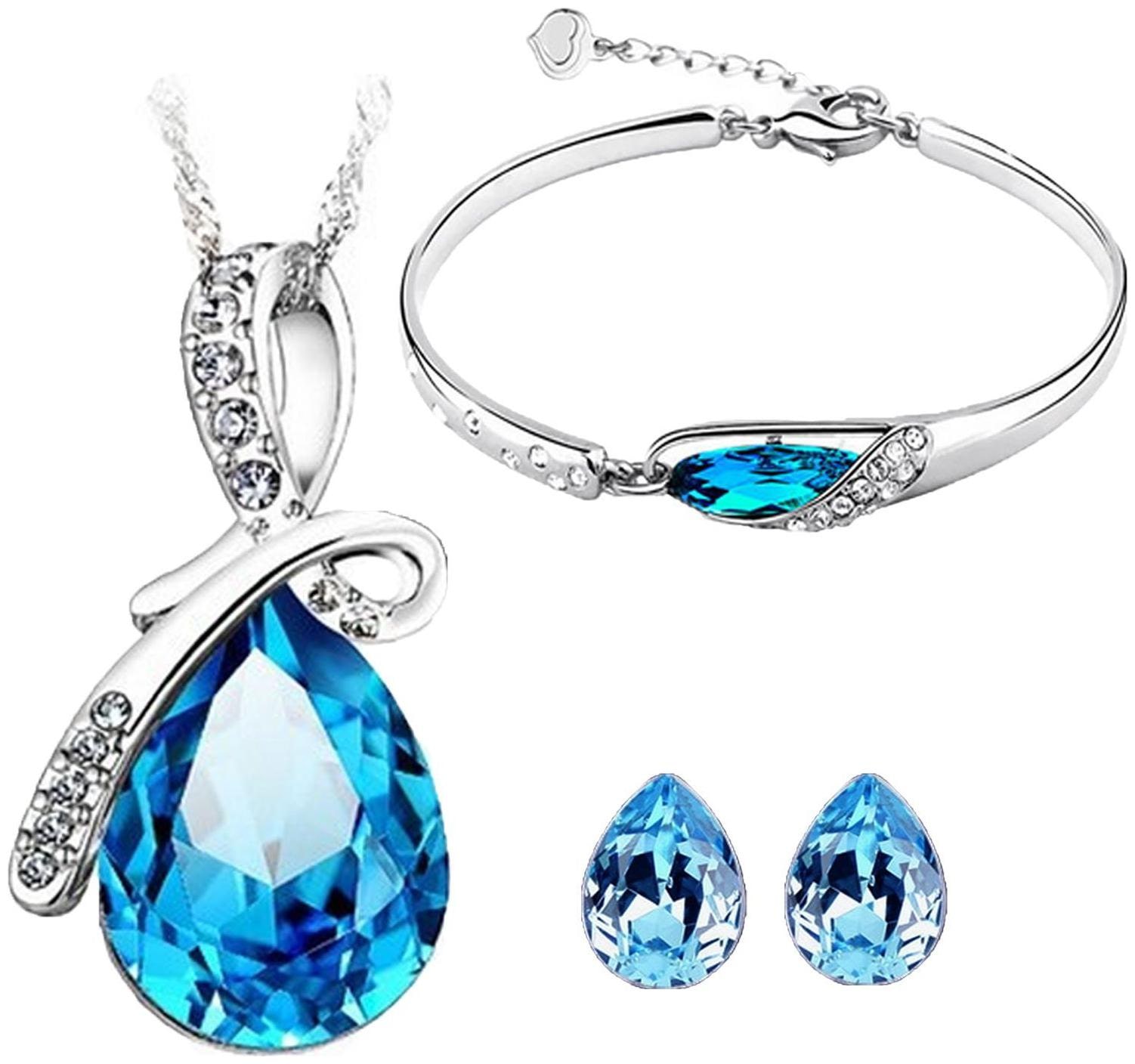 

Valentine Gift by Shining Diva Platinum Plated Crystal Jewellery Combo of Pendant Set Necklace Set with Earrings and Bracelet for Girls Women(Blue)(vgcmb186)