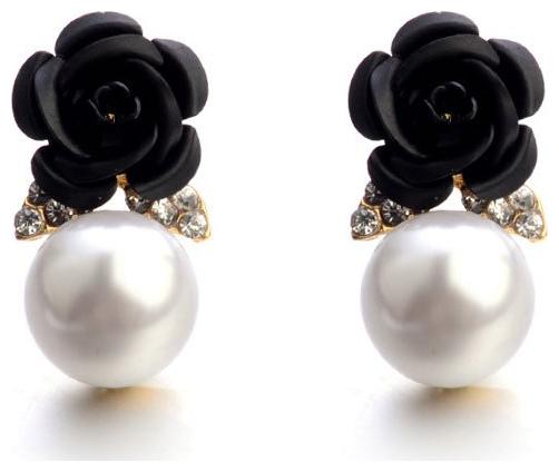 

Shining Diva Fashion Black Pearl Floral Stylish Party Wear Stud Earrings For Women and Girls