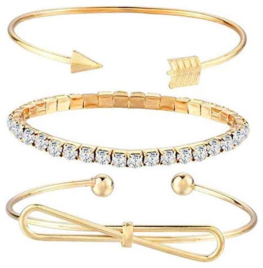 

Shining Diva Fashion 3 pcs Crystal Multilayer Charm Bangle Gold Plated Bracelet for Women and Girls (Golden) (10058b)