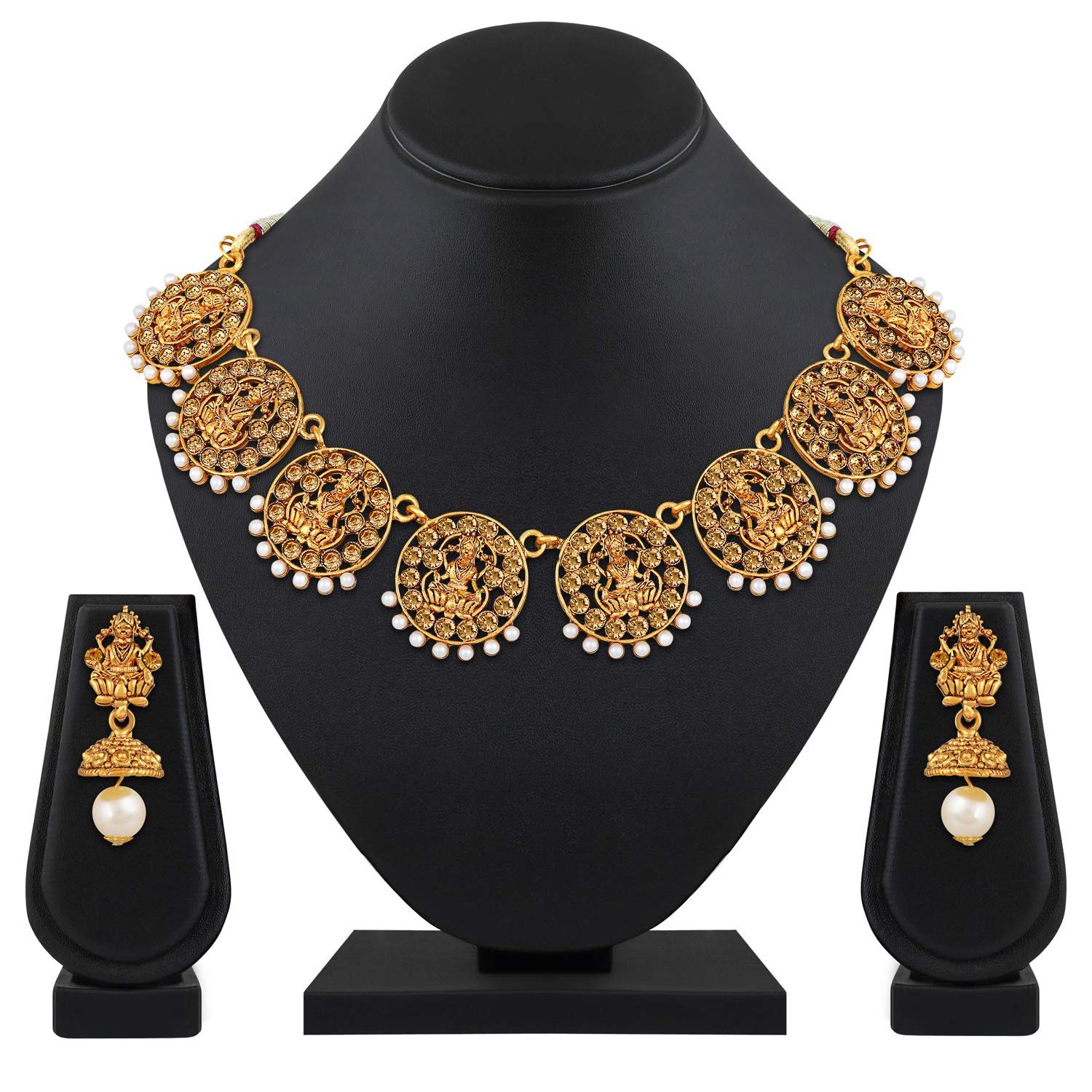 

Shining Diva Fashion Latest Temple Design Lakshmi Traditional Choker Necklace Gold Plated Jewellery Set for Women (Golden) (10649s)