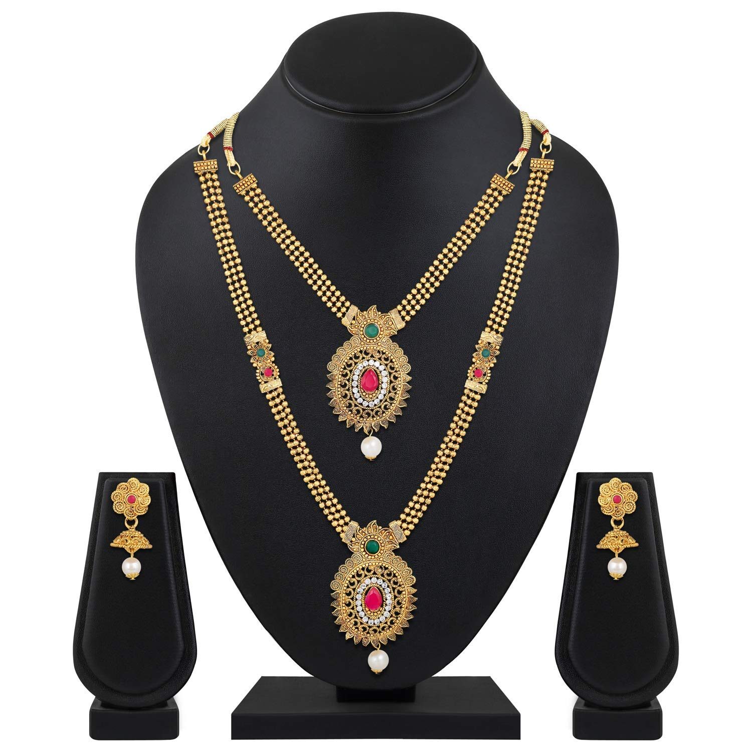 

Shining Diva Fashion Latest Long Short Combo Design Necklace Set for Women Traditional Gold Plated Jewellery Set for Women (Golden) (10607s)